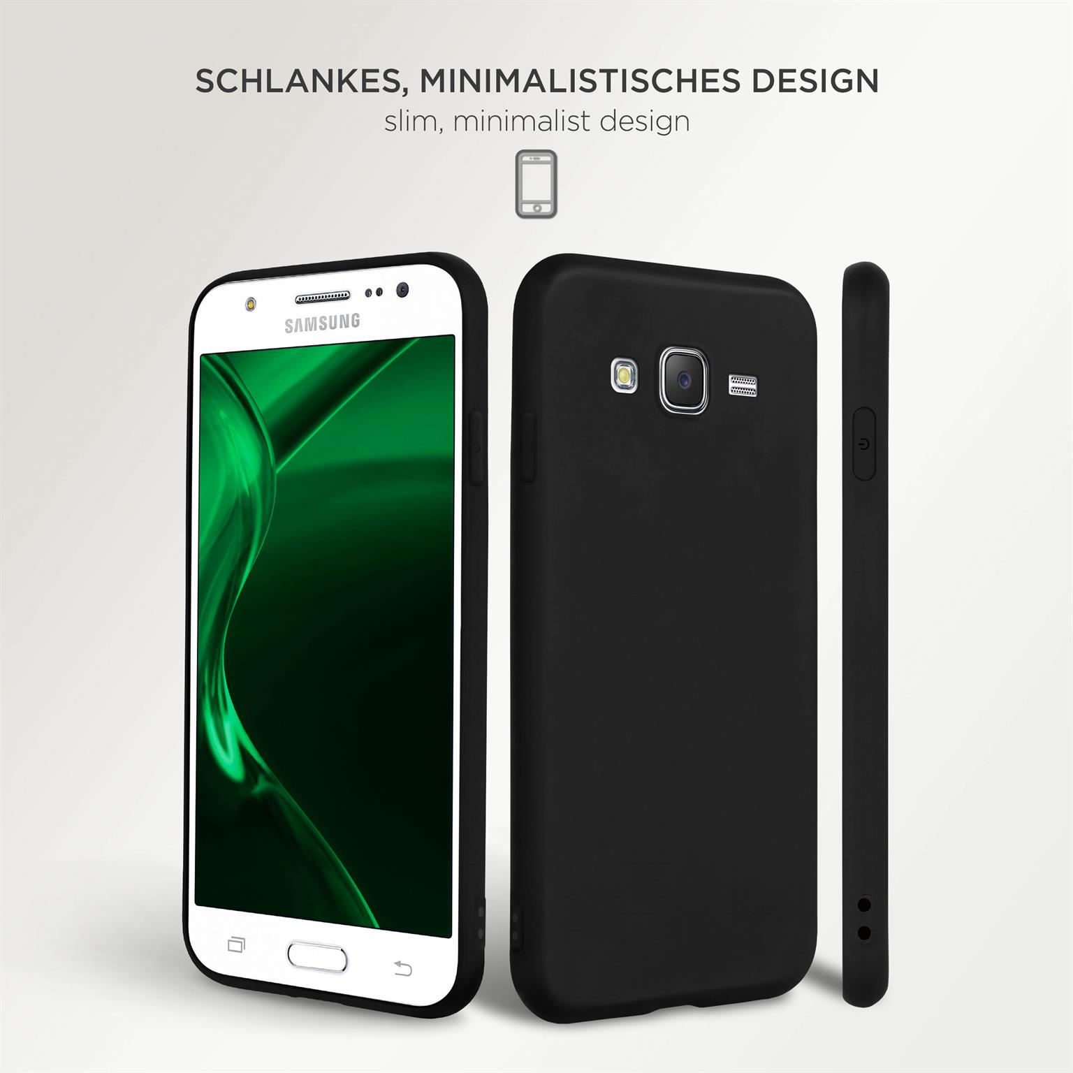 Schwarzes Telefon und drei Ansichten. Vorderansicht zeigt Bildschirm. Das Telefon ist in einer Hülle.