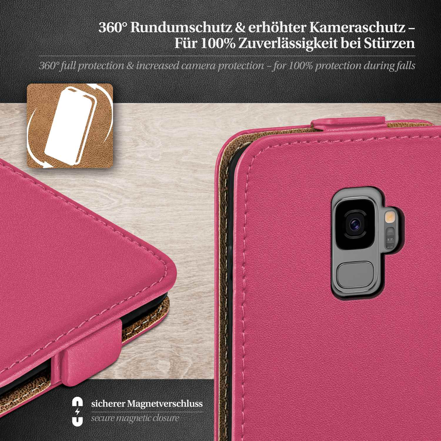 Rosafarbene Handyhülle. Details zeigen Kamera, Magnetverschluss und Telefonschutz.