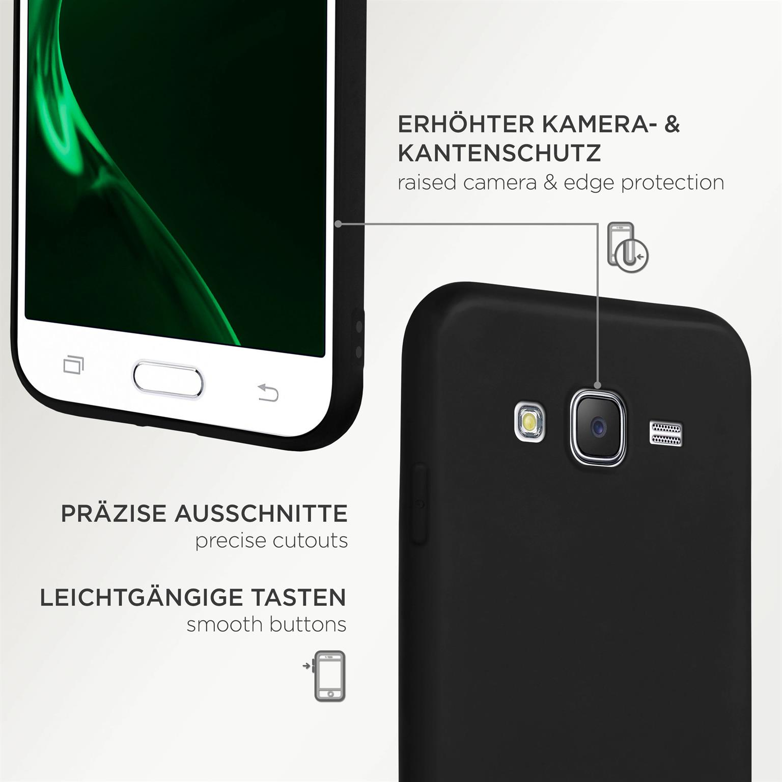 Schwarzes Telefon mit schwarzer Hülle. Text oben und unten. Weißer Hintergrund.