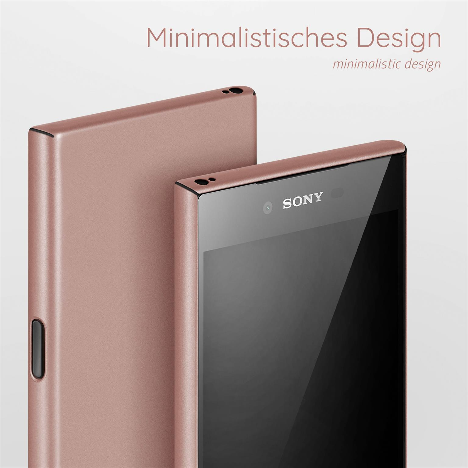 Zwei roségoldene Telefone, eines steht aufrecht und eines liegt auf dem Rücken.