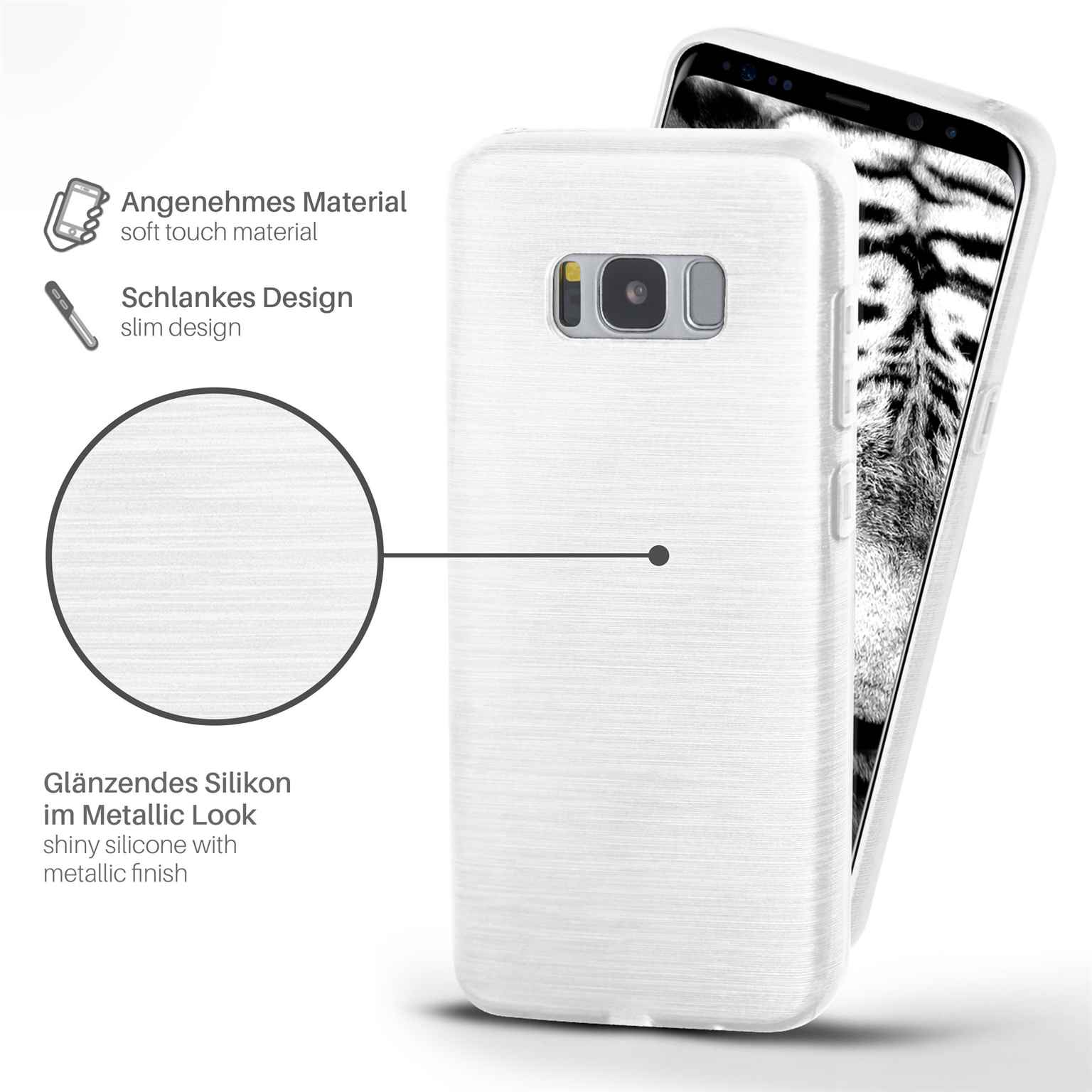 Weiße Handyhülle auf einem Telefon. Telefon ist weiß und hat eine metallische Textur.