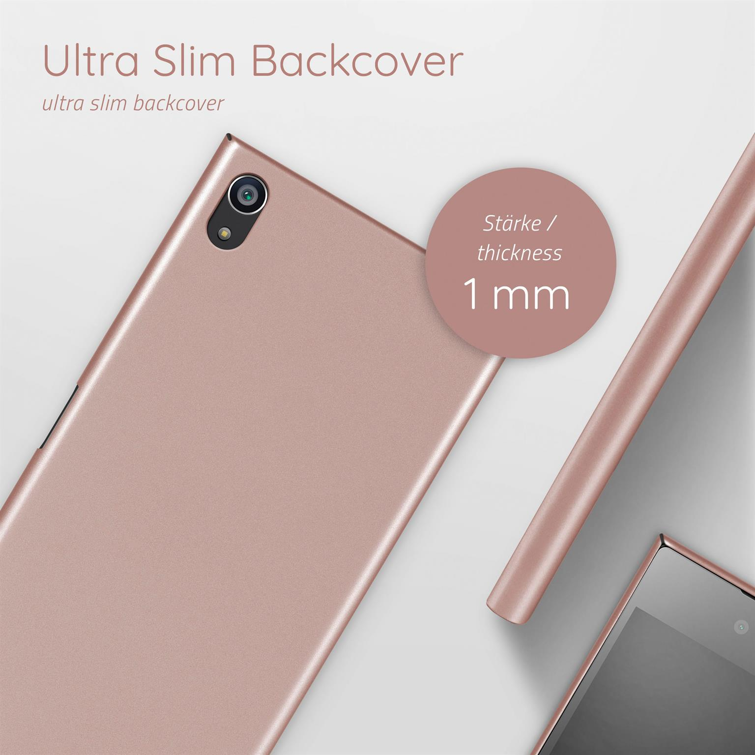 Eine Handyhülle in Roségold. Das Gehäuse ist sehr dünn, 1 mm.