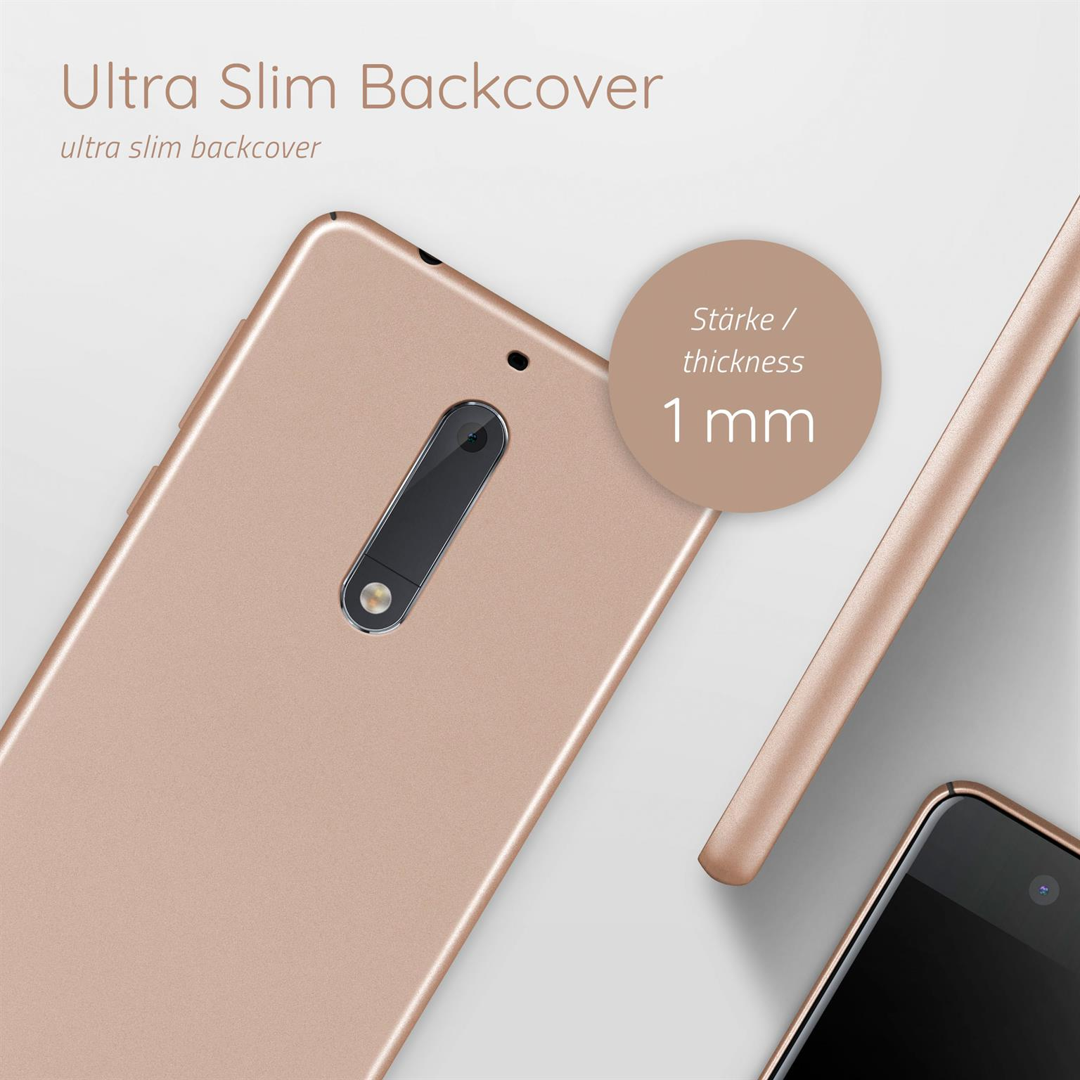 Goldene Handyhülle, Dicke 1 mm. Text: Ultra Slim Backcover.