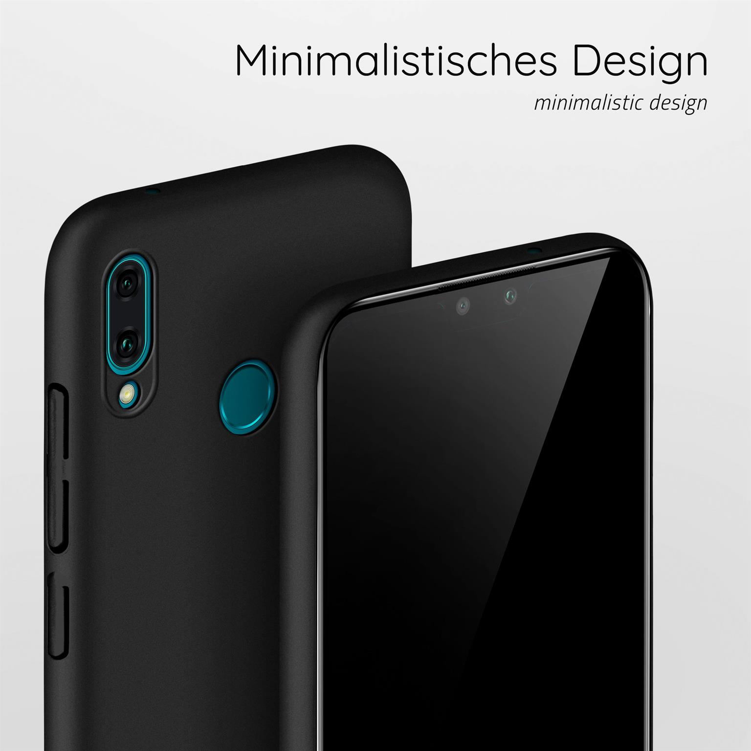Schwarze Handyhülle und Telefon. Minimalistisches Design. Das Telefon ist schwarz.