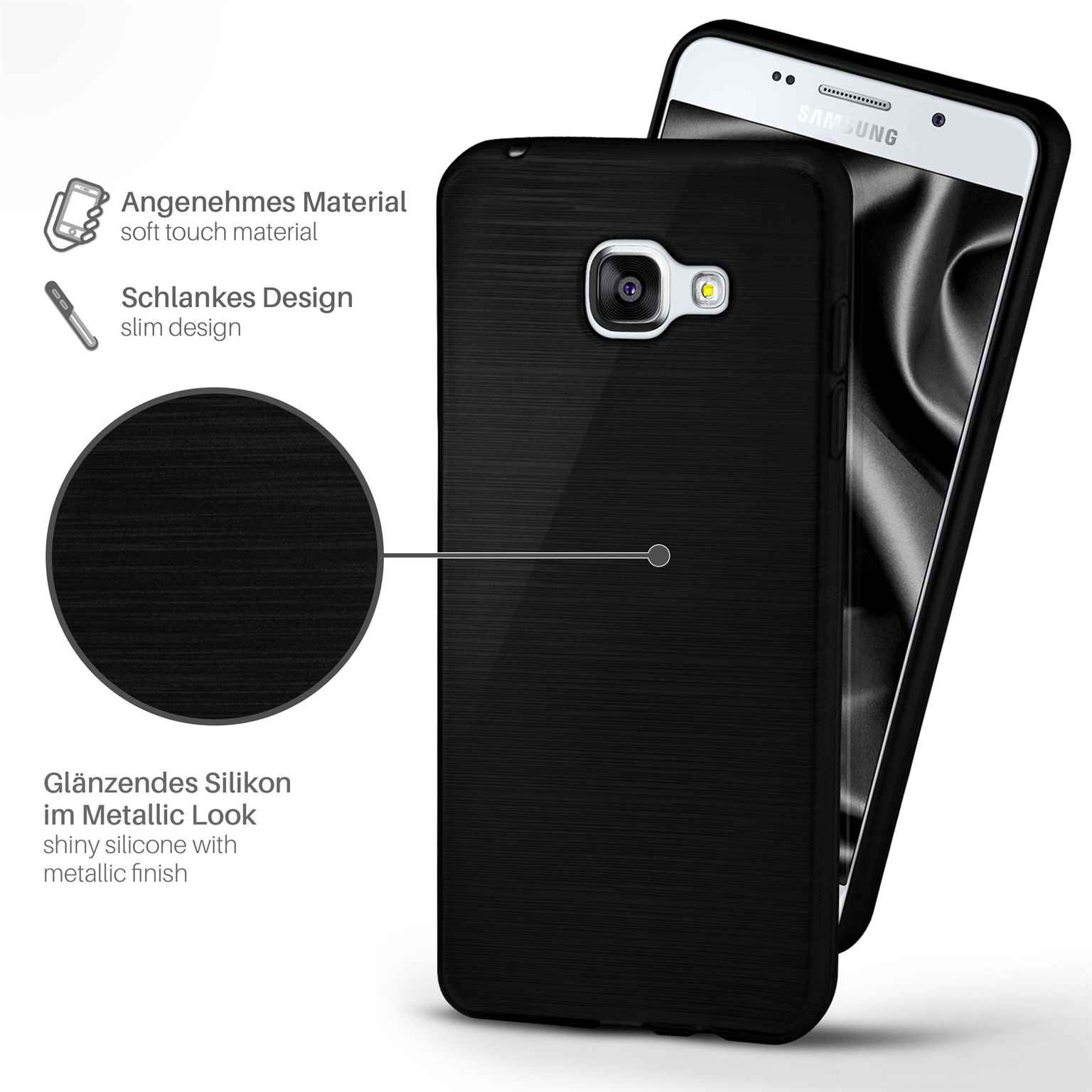 Schwarze Handyhülle mit Telefon. Die Hülle hat Metalloptik und ein schlankes Design.