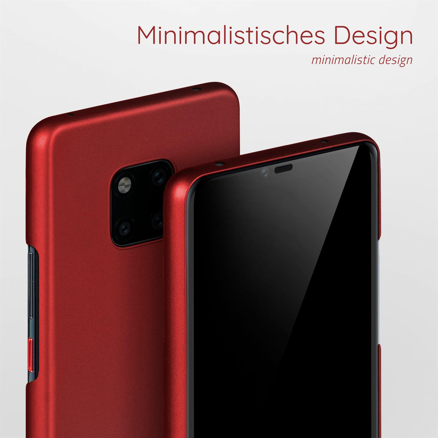 Rote Handyhülle, mit schwarzem Telefon. Text: Minimalistisches Design.