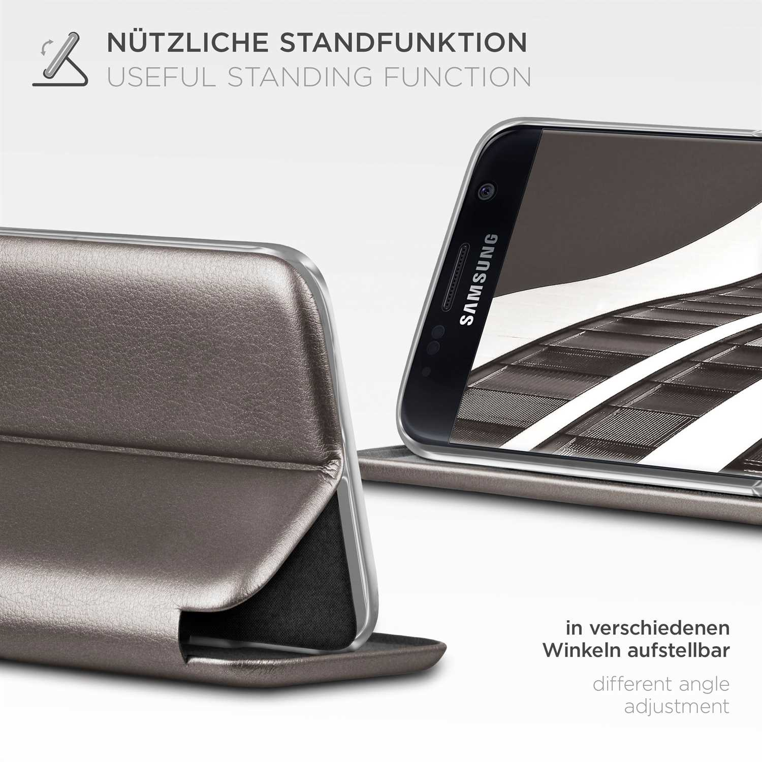 Handyhülle mit dem Telefon darin, in stehender Position. Der Hintergrund zeigt eine Holzstruktur.