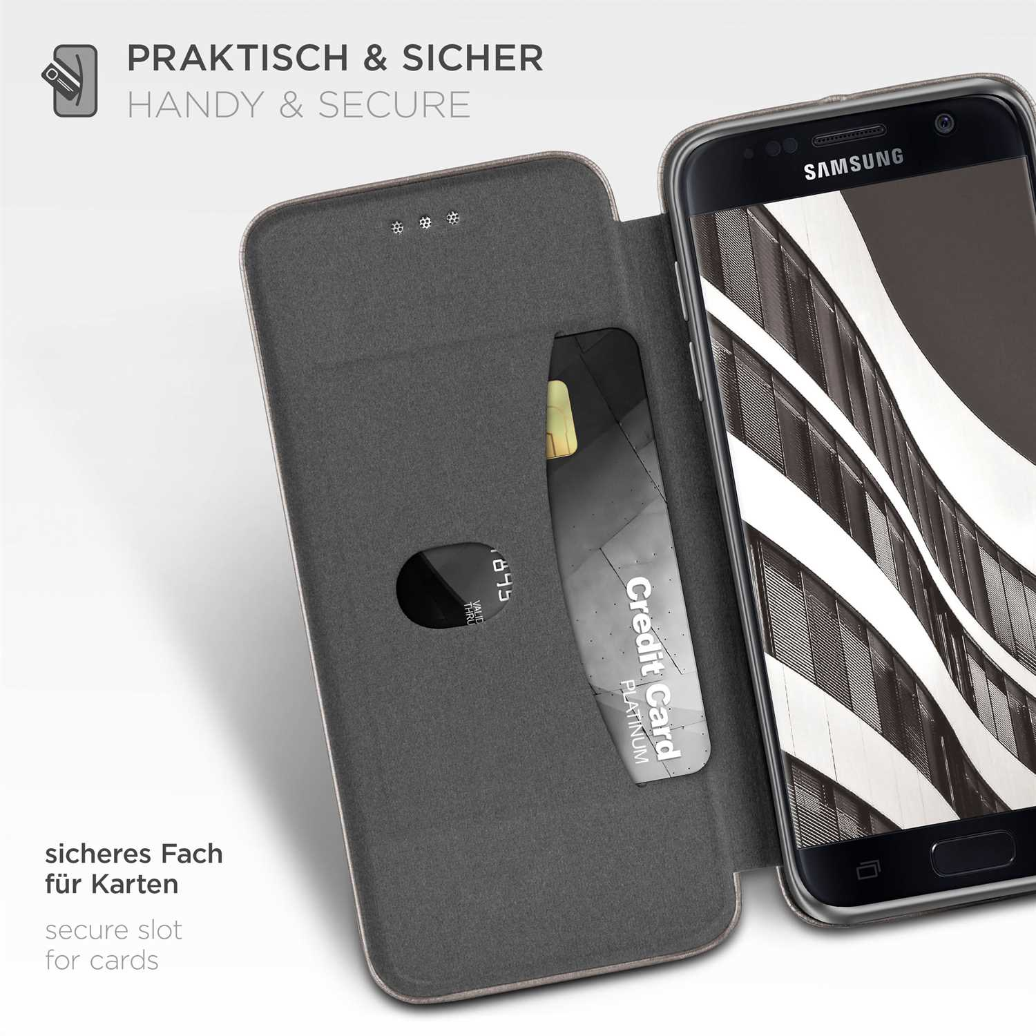 Schwarze Handyhülle mit Kreditkartenfach. Telefon und Karte sichtbar. Text: Praktisch & sicher, sicheres Kartenfach.