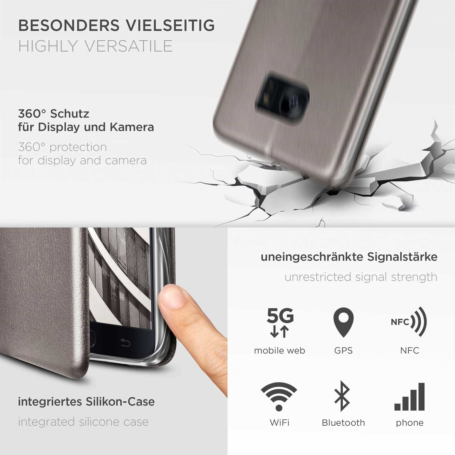 Handyhülle mit fallendem Telefon, Anzeichen für Handysignale und Riss.