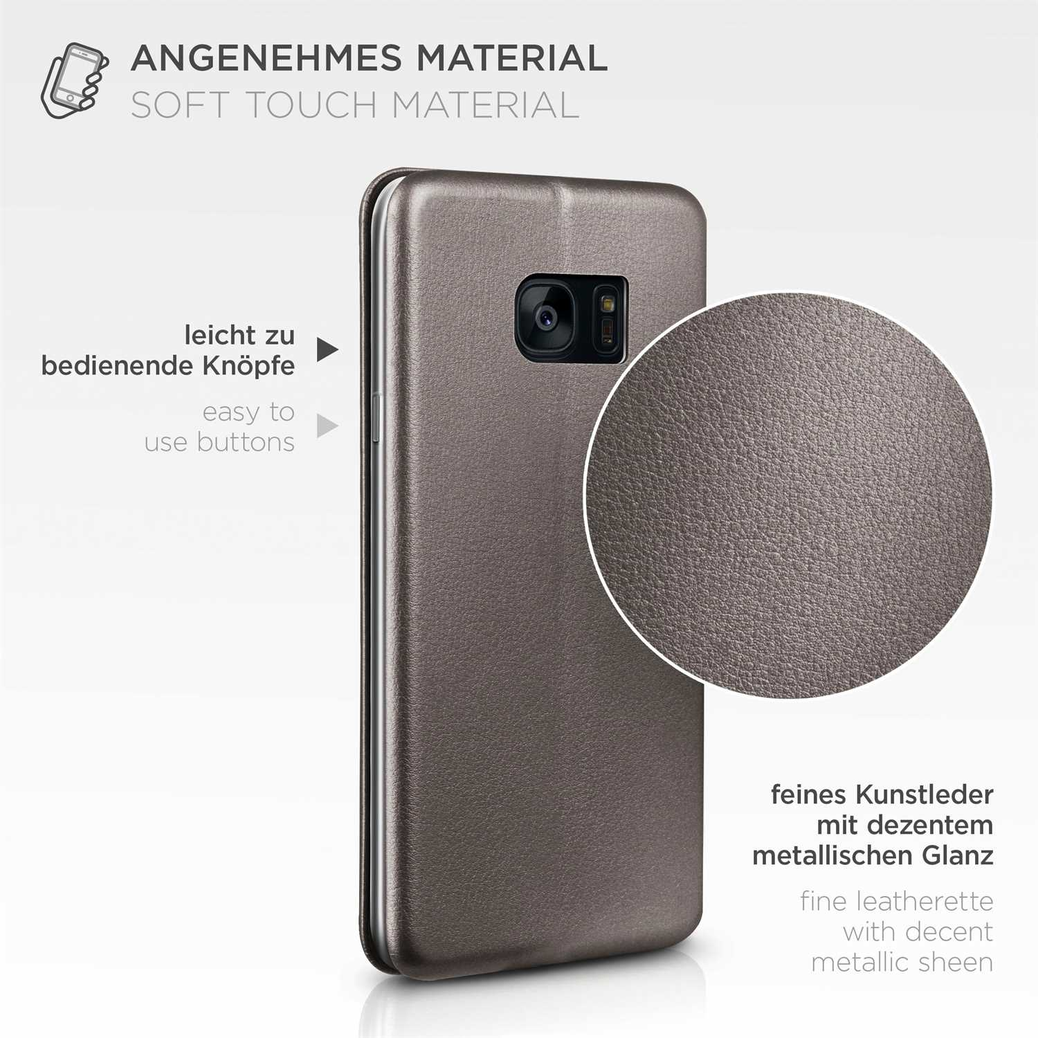 Eine Handyhülle mit Metallic-Finish, die benutzerfreundliche Knöpfe und feines Kunstleder zeigt.
