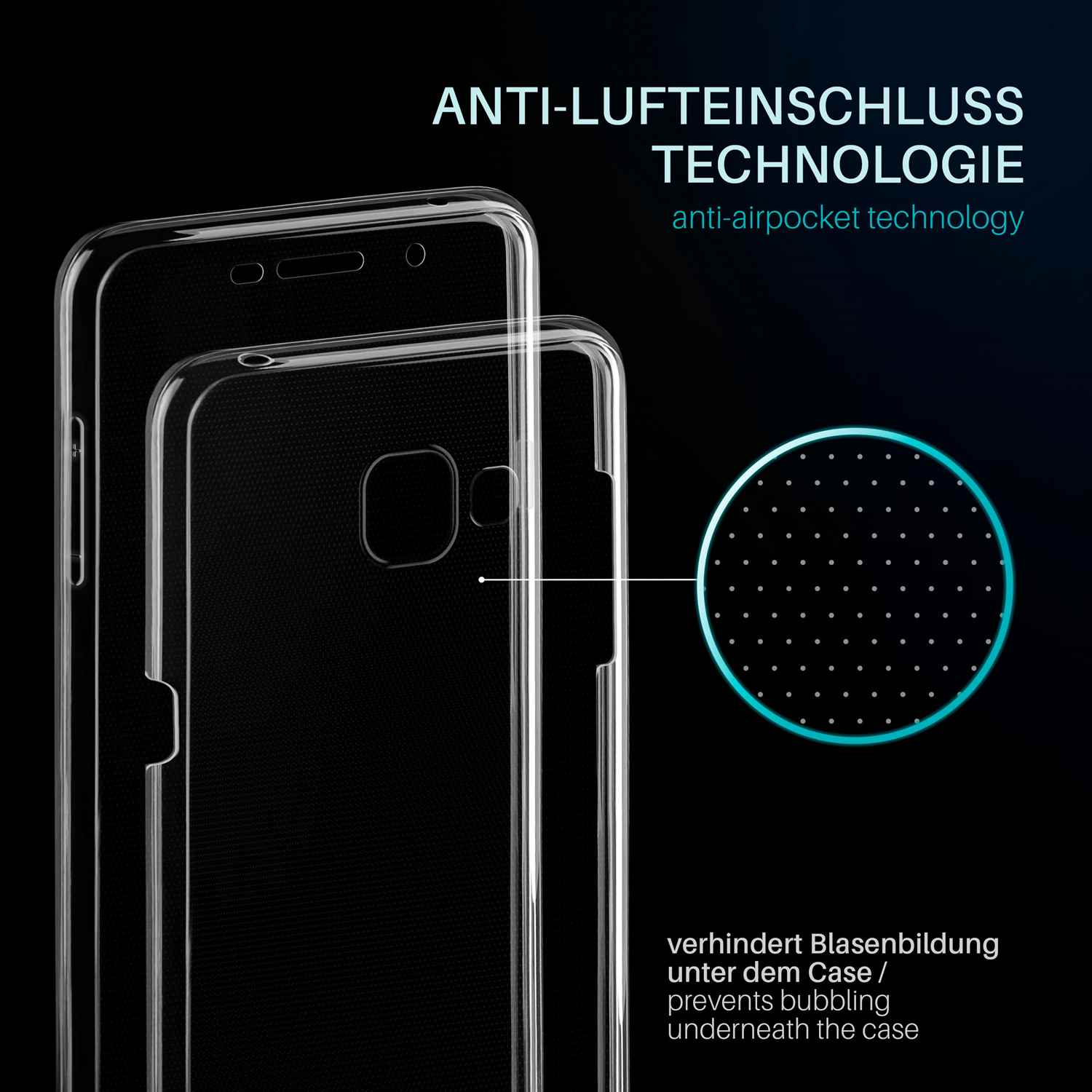 Transparente Handyhülle mit Telefon. Text: Anti-Lufteinschluss Technologie, verhindert Blasenbildung.