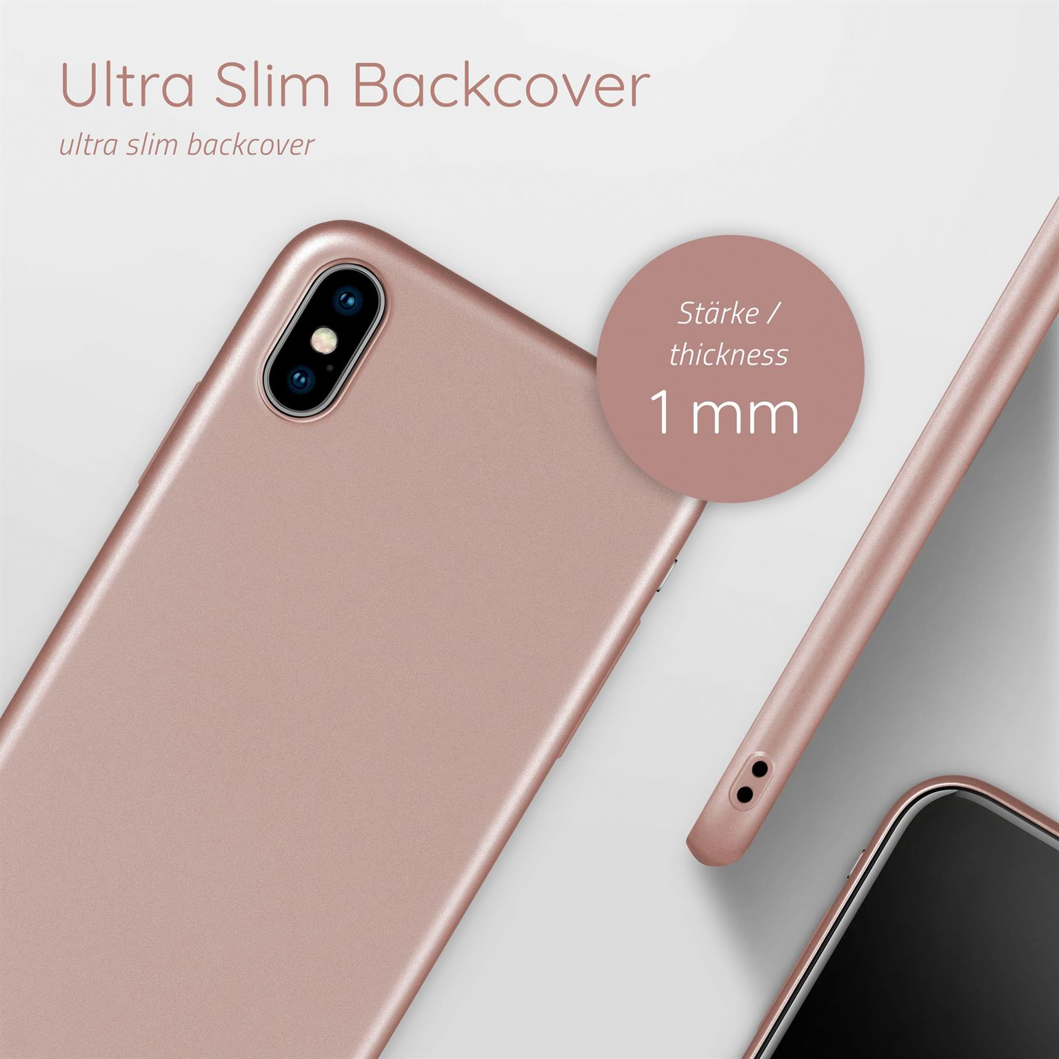 Roségoldfarbene Handyhülle, 1 mm dick, mit Telefon. Ein weiteres Telefon in der Ecke.