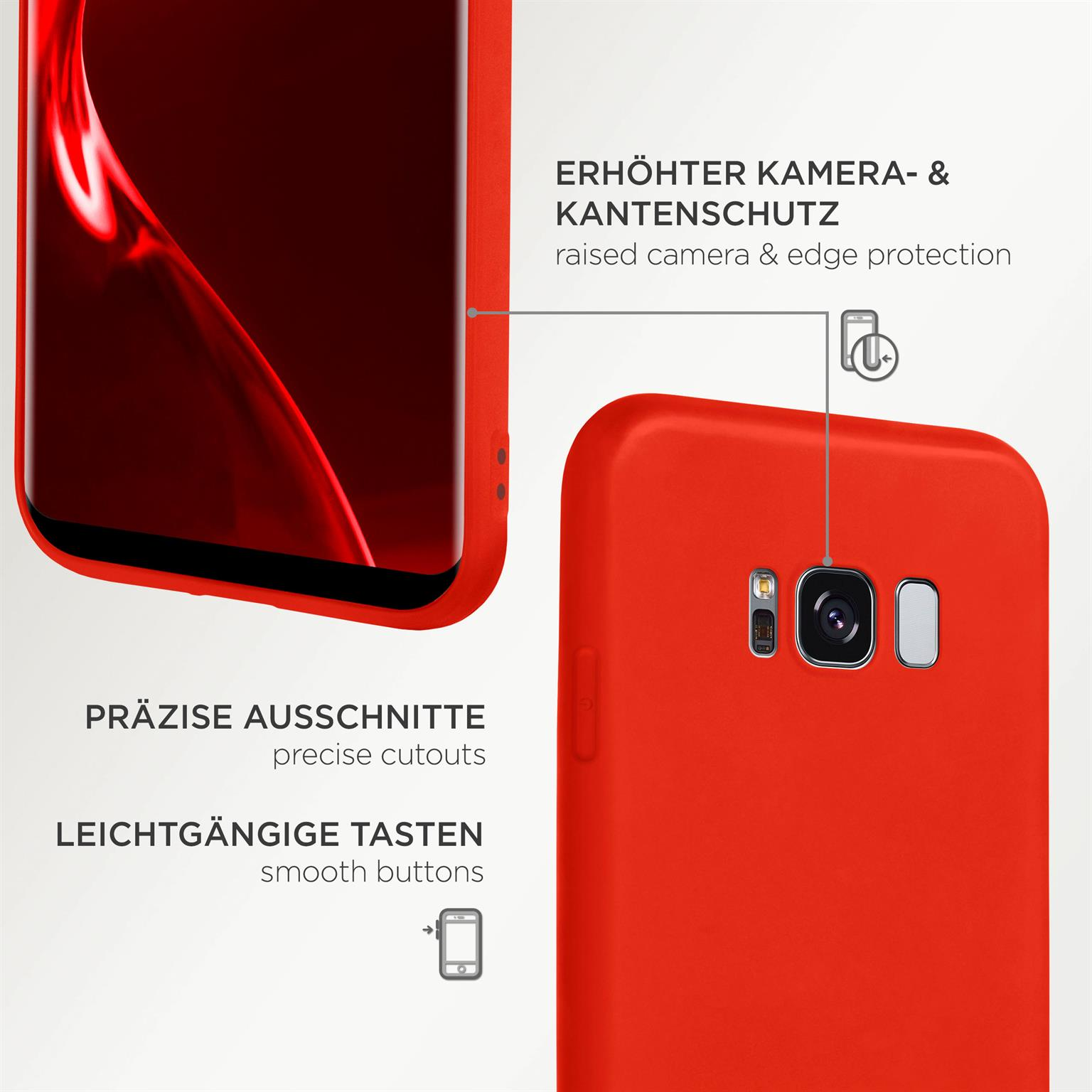 Rote Handyhülle mit roten und weißen Elementen. Präzise Aussparungen und glatte Knöpfe.