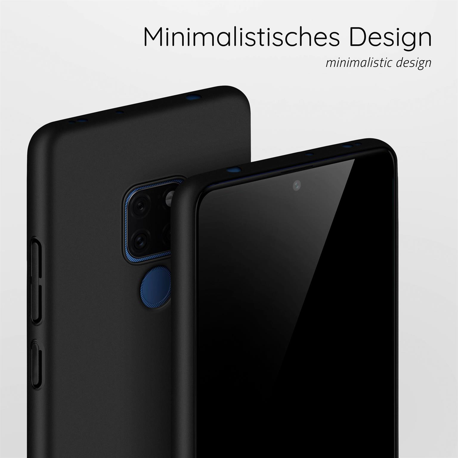 Zwei schwarze Handyhüllen vor hellem Hintergrund, eine mit Kameradetails.