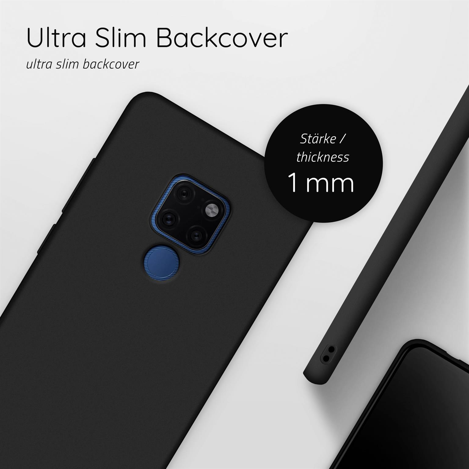 Schwarzes Telefon mit Kamera. Die Rückseite ist schwarz. Die Dicke beträgt 1 mm. Weißer Hintergrund.