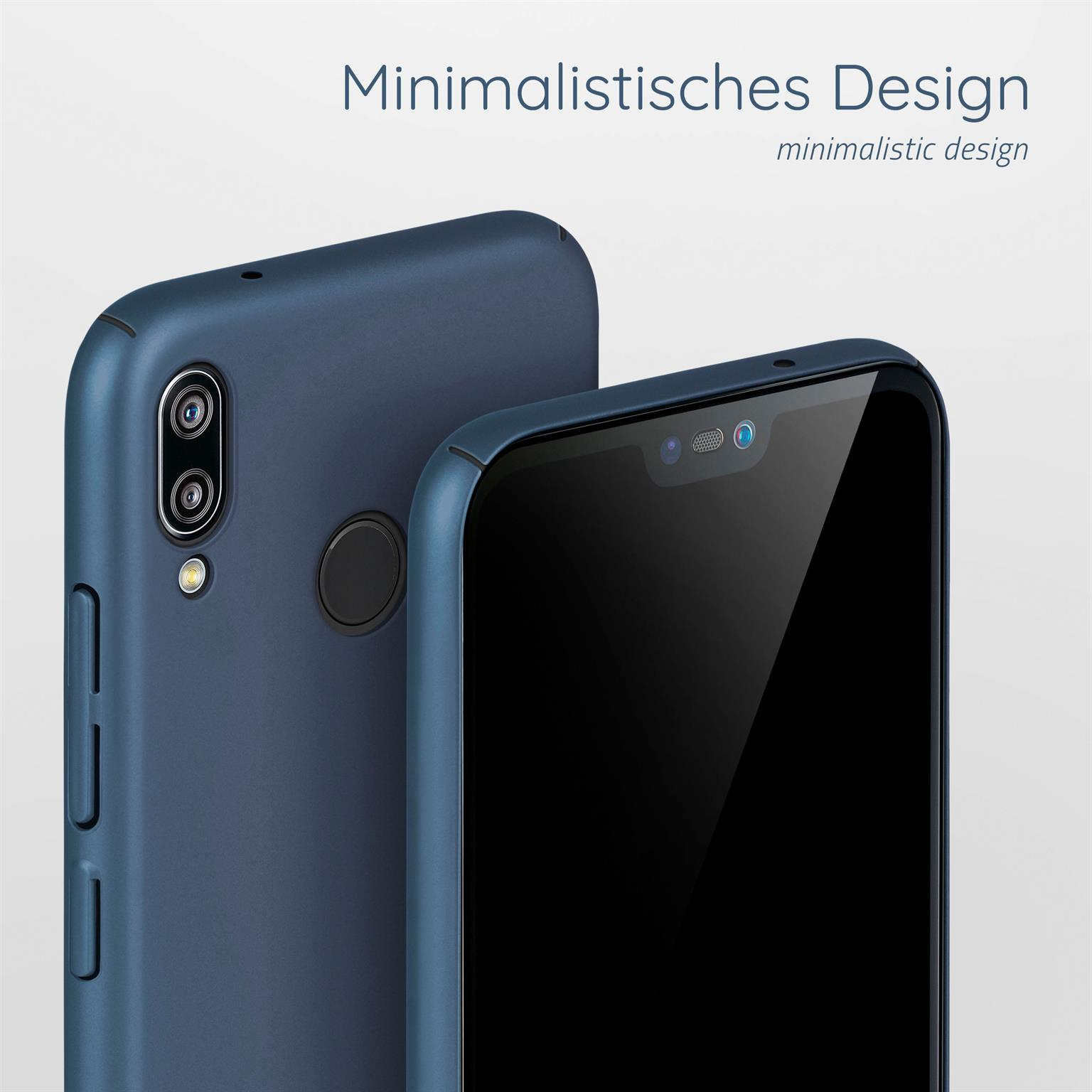 Zwei blaue Handyhüllen, eine mit Telefon. Weißer Hintergrund. Minimalistisches Design.
