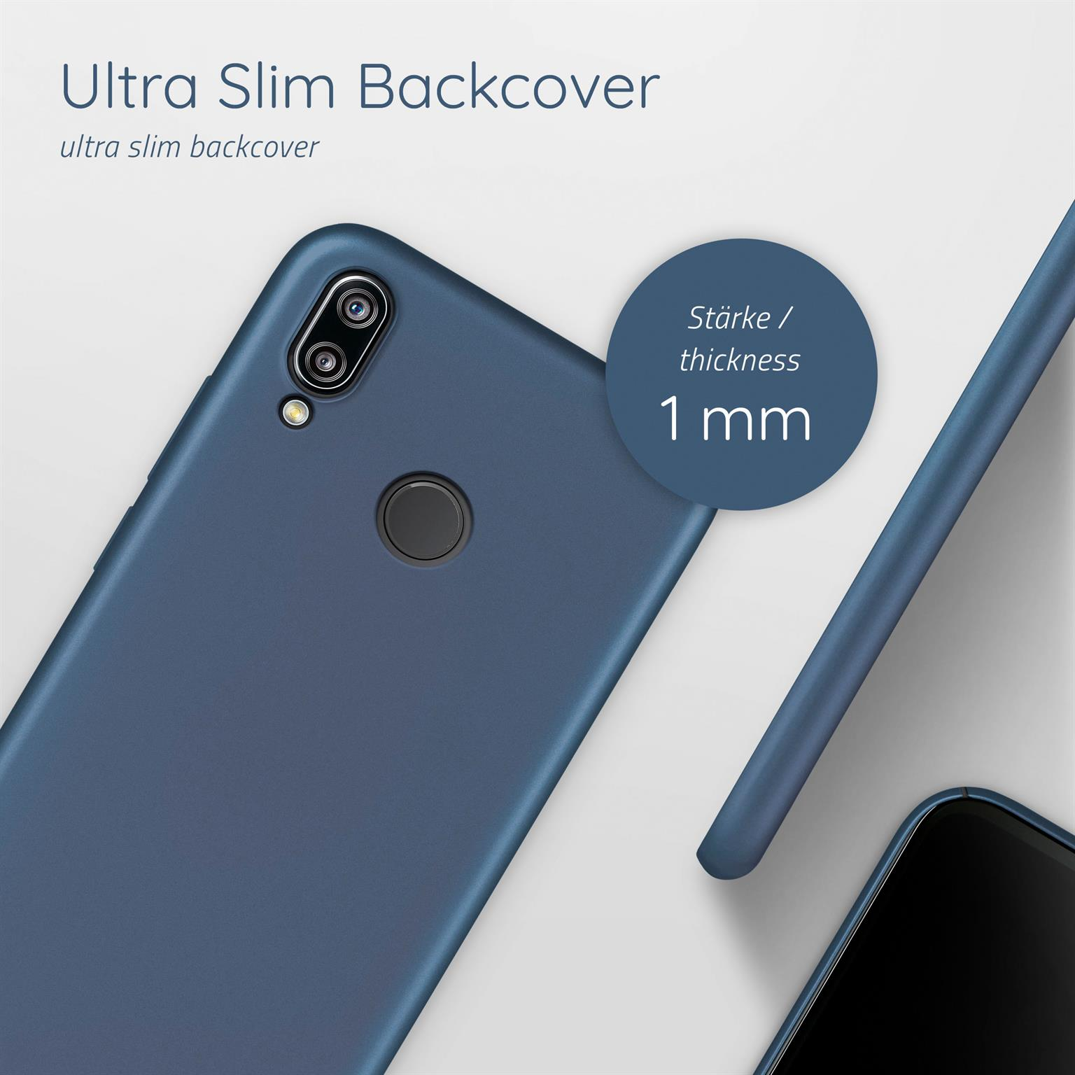 Blaue Handyhülle. Text sagt 'Ultra Slim Backcover 1 mm Dicke'.