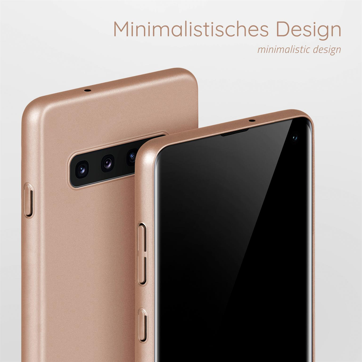 Zwei roségoldene Handyhüllen mit minimalistischem Design.