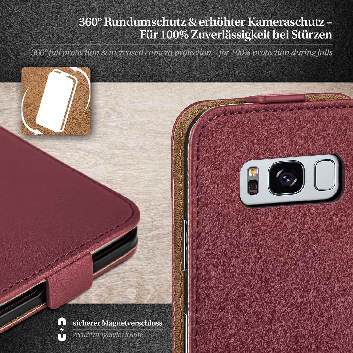 Handyhülle auf dem Telefon. Burgunderfarbene Hülle. Weißer Hintergrund.