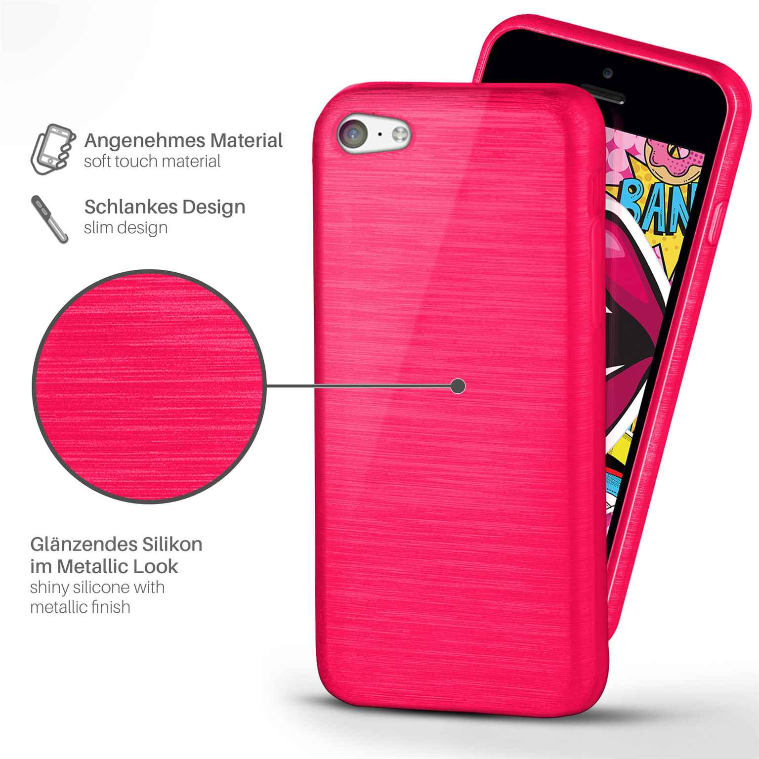 Pinke Handyhülle auf dem Telefon. Hülle hat eine Textur mit Metallic-Look. Hintergrund ist ein Telefon.