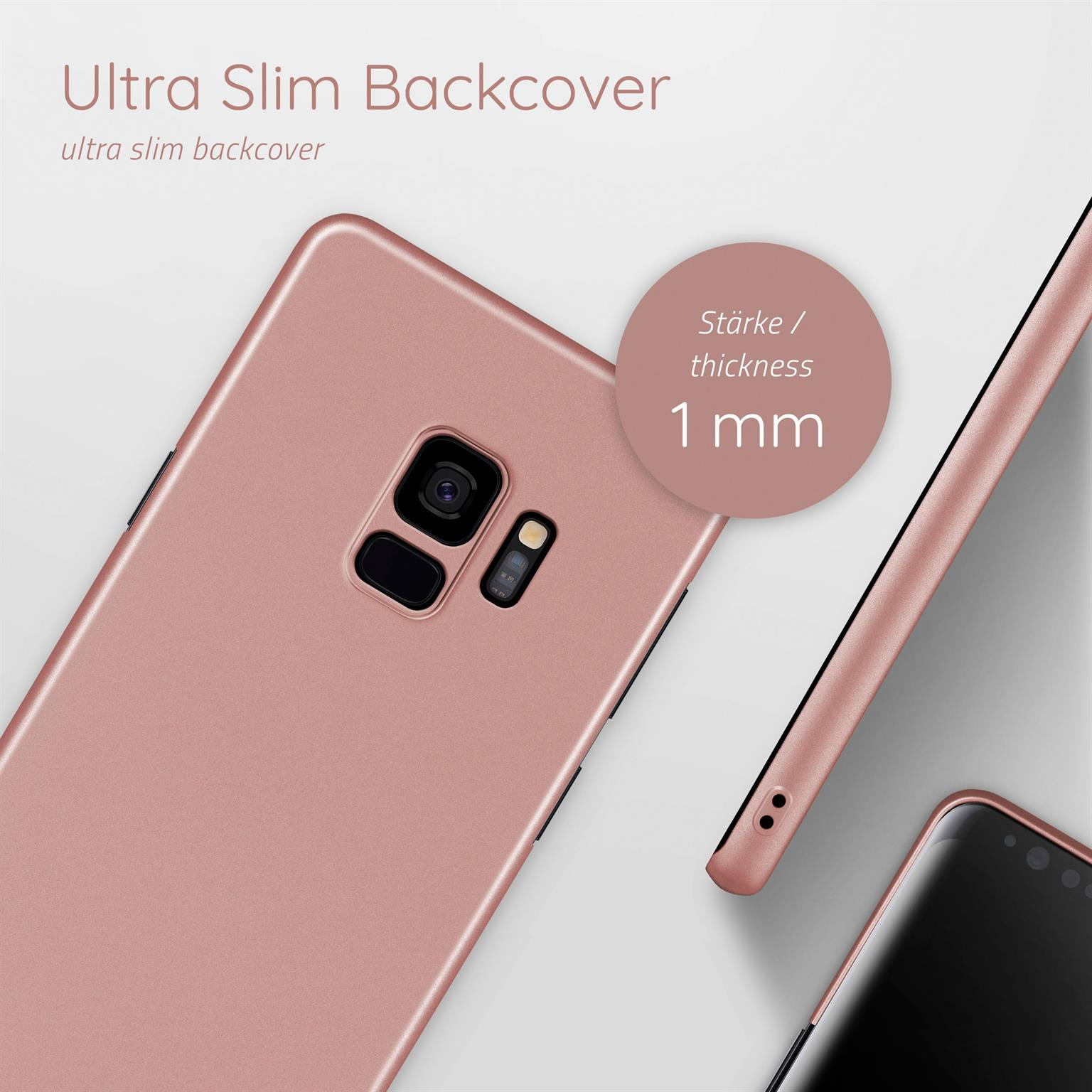 Roségoldene Handyhülle, zeigt die Rückseite des Telefons, mit einer Dicke von 1 mm.