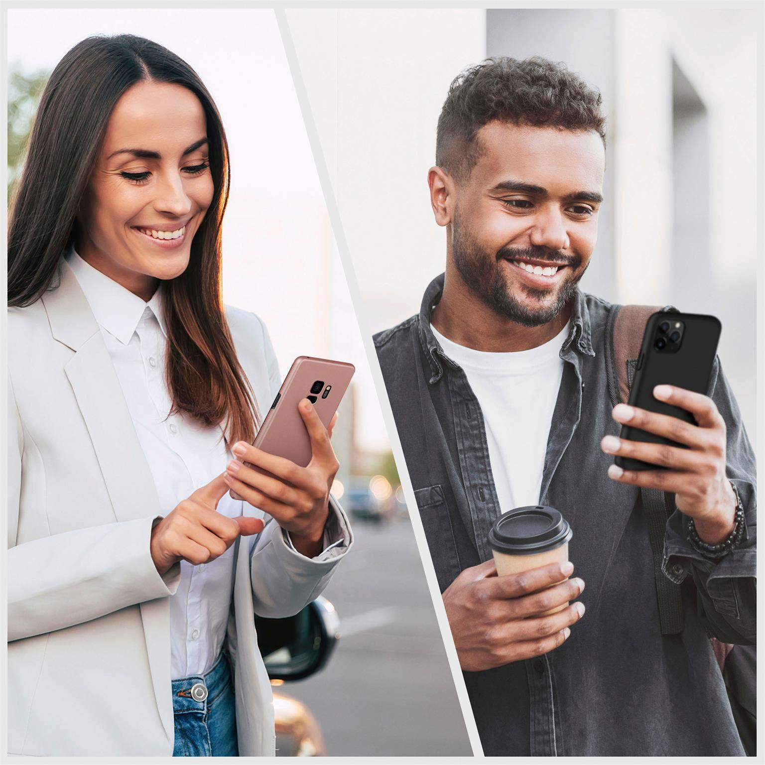 Frau und Mann halten Telefone, lächeln. Text: Zwei Personen benutzen ihre Telefone.