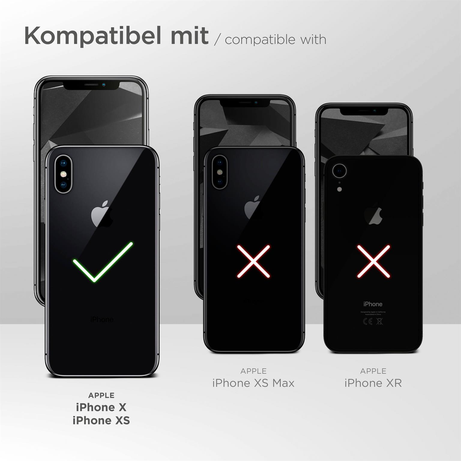 Schwarze Handyhüllen mit Apple-Logo. iPhone X, XS und XR Kompatibilität mit Häkchen hervorgehoben.