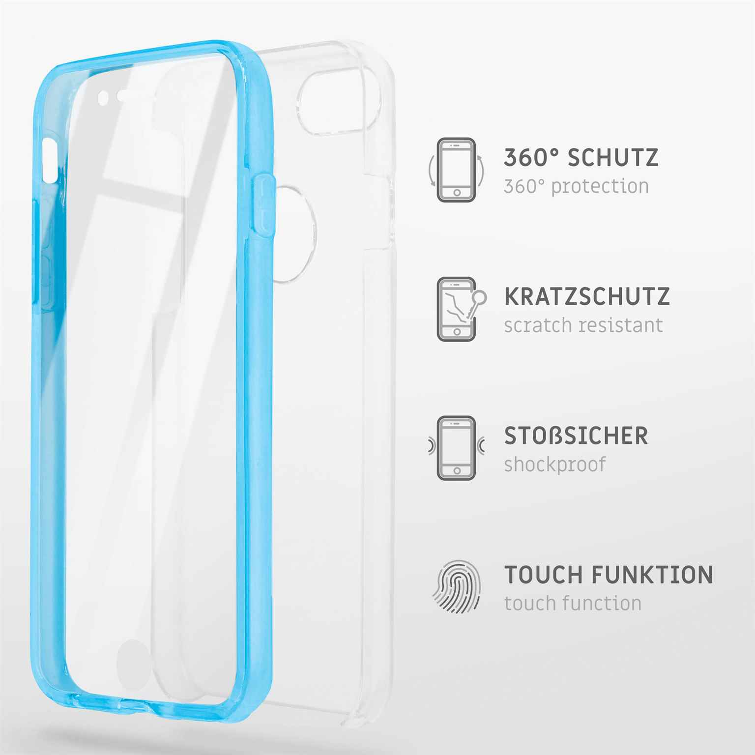 Transparente Handyhülle mit blauem Rand. Texte: 360° Schutz, kratzfest, stoßfest und Touch-Funktion.
