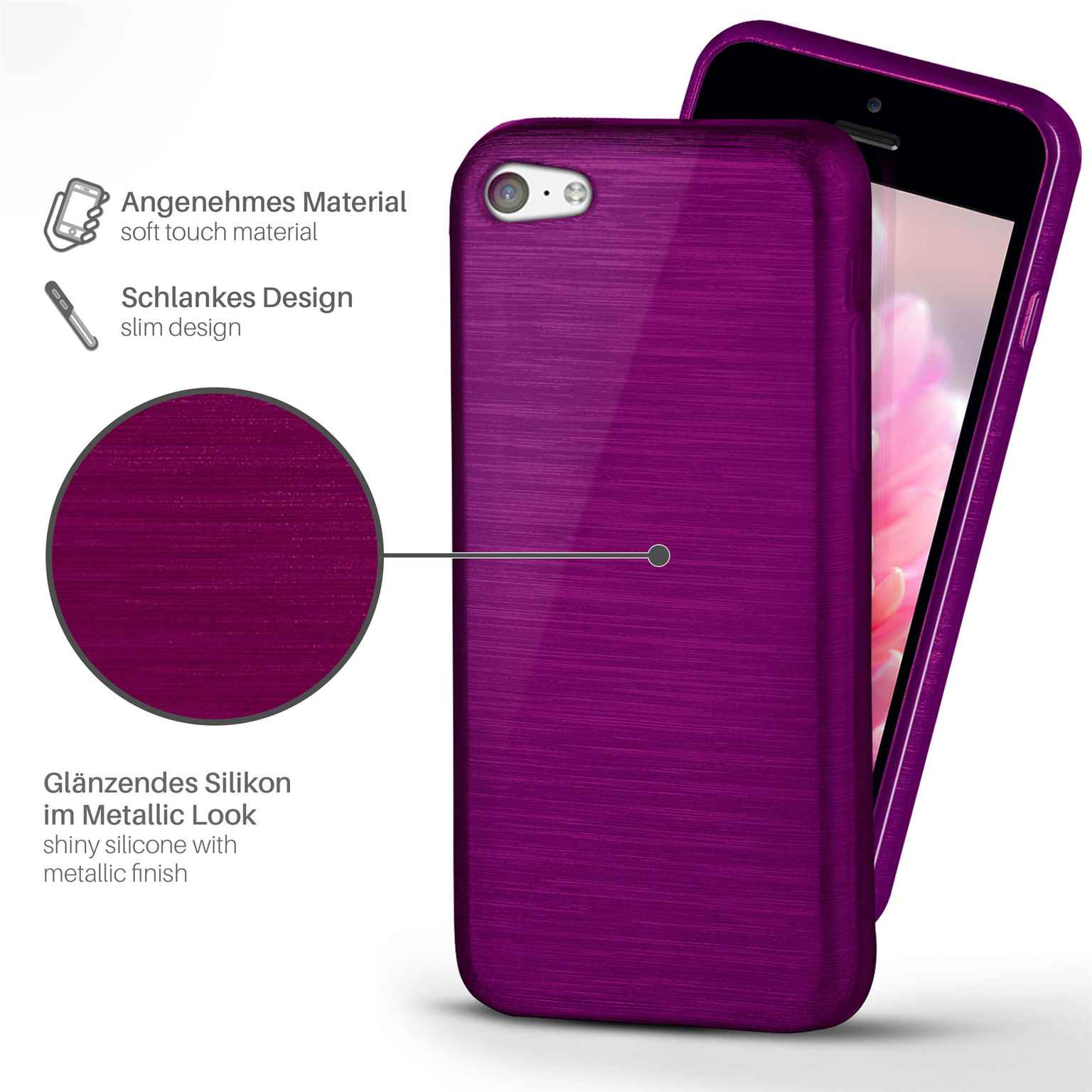 Lila Handyhülle mit Telefon. Glänzendes Silikon mit Metallic-Finish. Text und Details vorhanden.