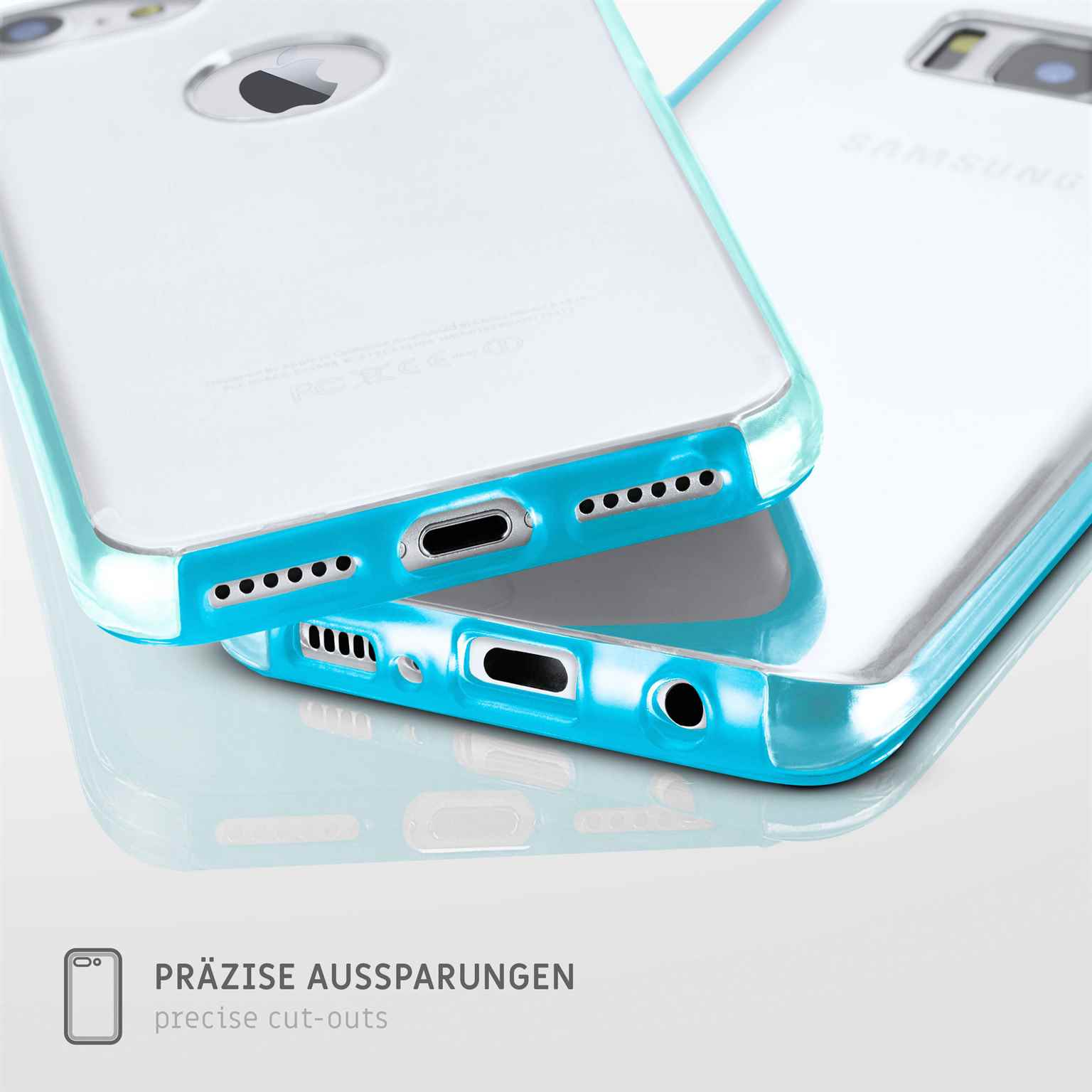 Zwei transparente Handyhüllen. Die Hüllen haben präzise Aussparungen und blaue Zierleisten.