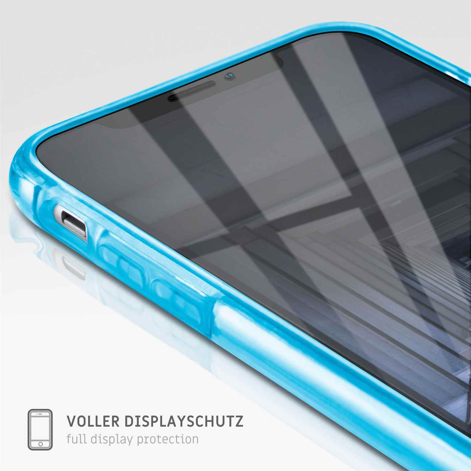 Blaue Handyhülle auf einem Telefon. Der Bildschirm ist schwarz. Text: Voller Displayschutz.