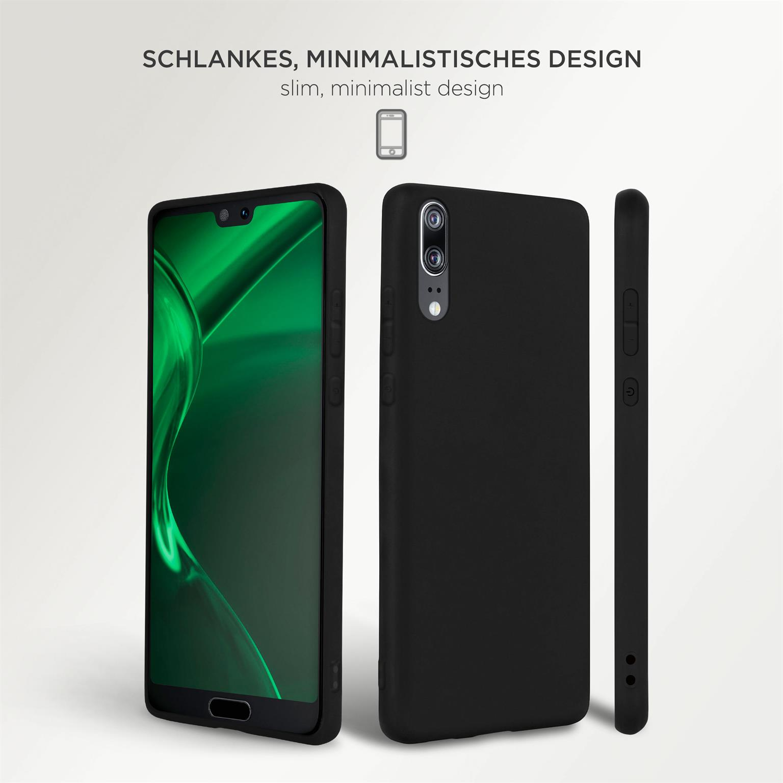 Drei schwarze Handyhüllen. Text: Schlankes, minimalistisches Design.