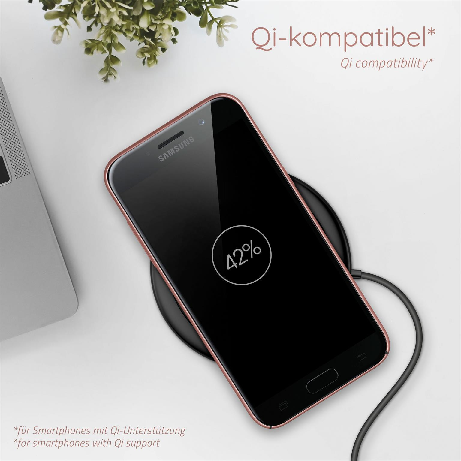Ein Telefon auf einem kabellosen Ladegerät. Das Telefon zeigt 42% Akku an. Im Hintergrund eine Pflanze.