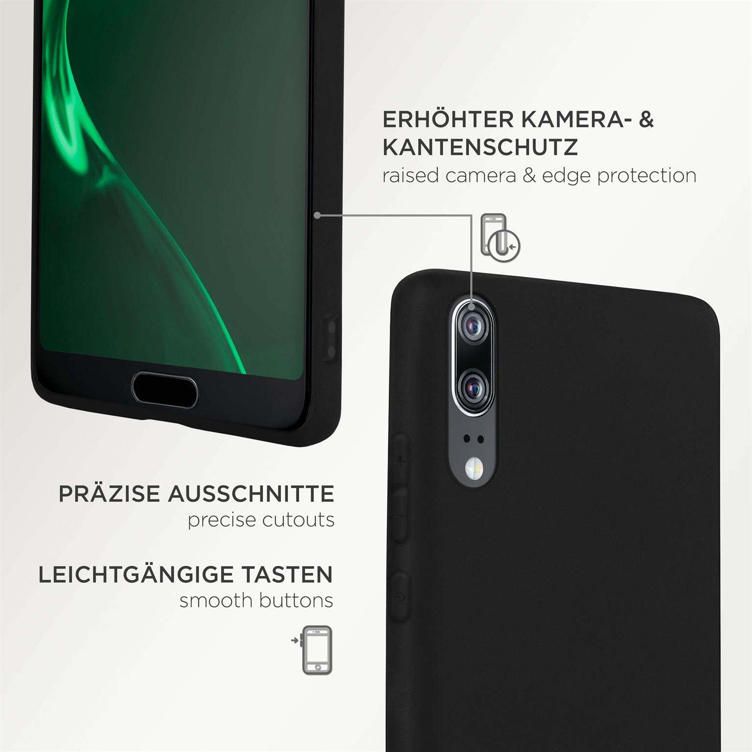Eine schwarze Handyhülle mit Telefon und Text. Sie hat einen erhöhten Kamera- und Kantenschutz.