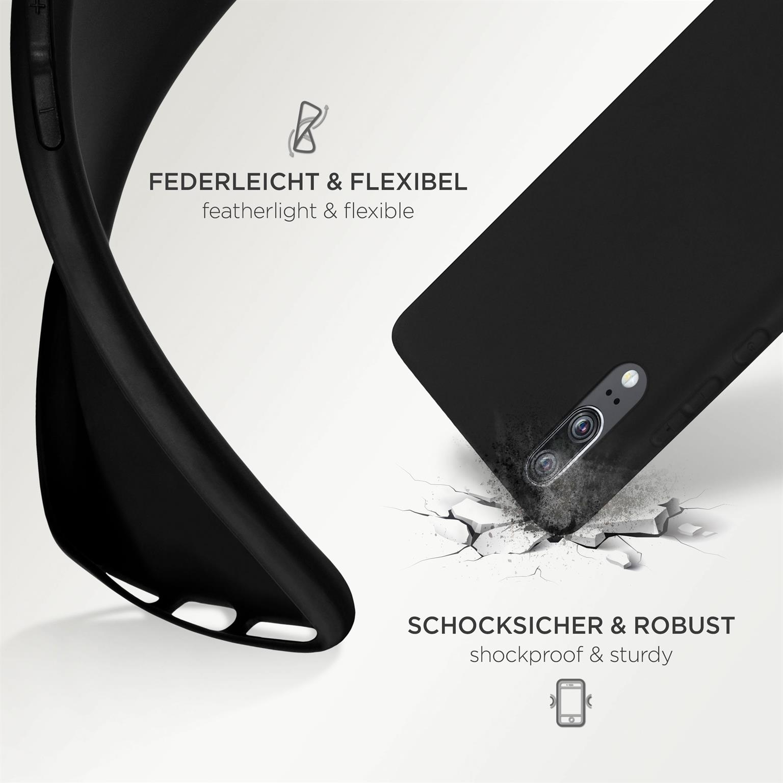 Schwarze Handyhülle mit Kratzer. Text: Stoßsicher & robust.