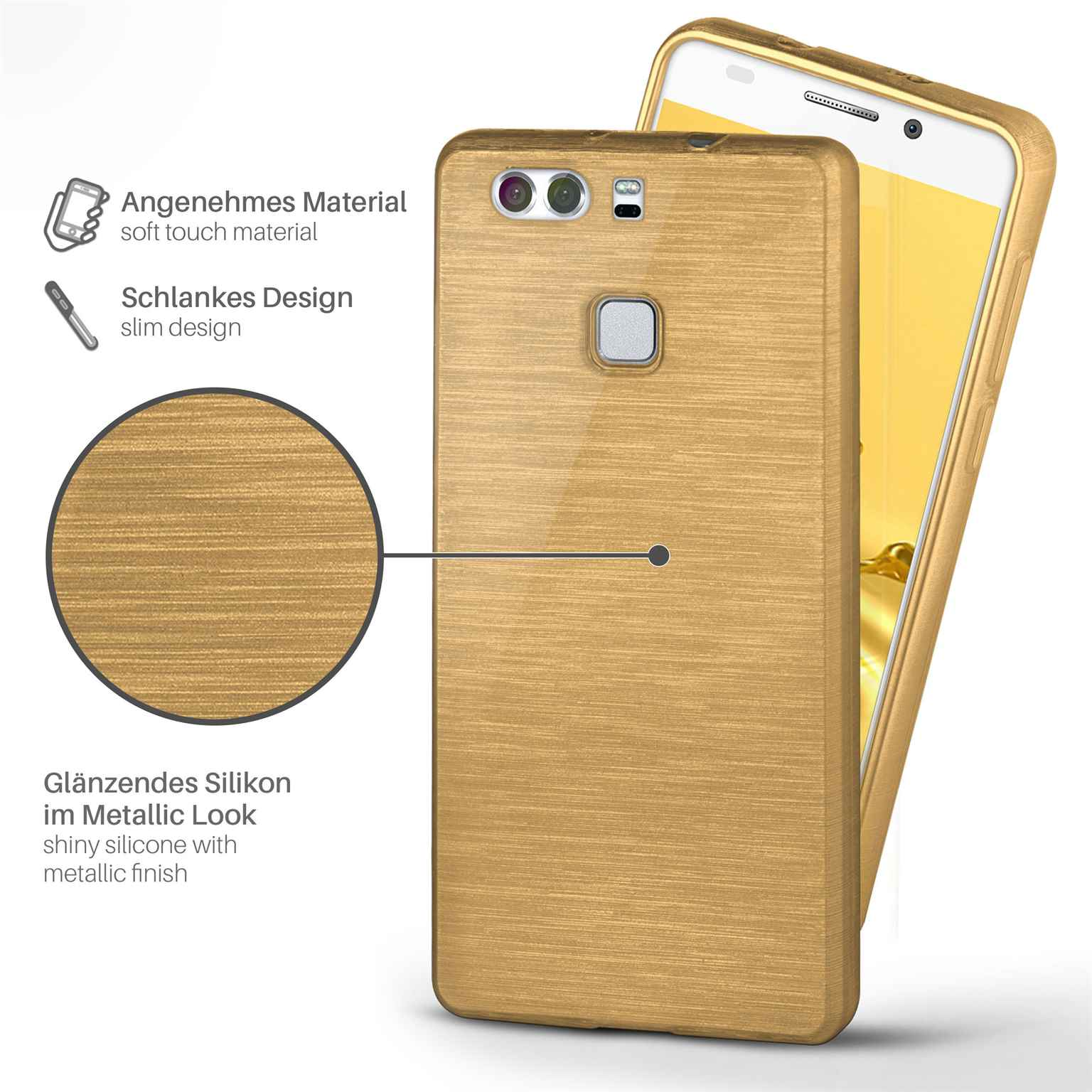 Goldene Handyhülle mit Telefon. Die Hülle hat eine gebürstete Metalloptik und glänzendes Silikon.