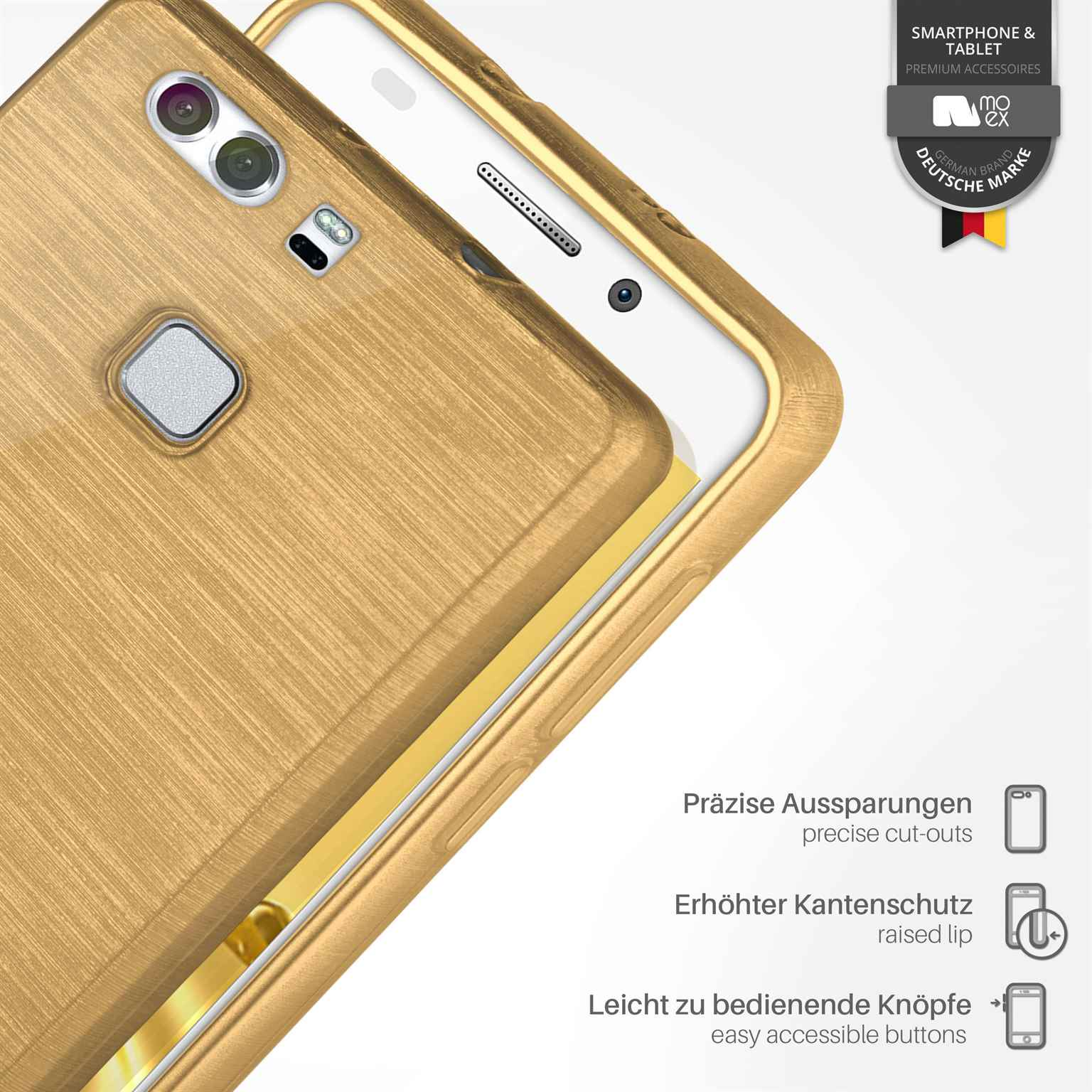 Goldene Handyhülle mit Telefon. Präzise Aussparungen, erhöhter Rand, einfache Knöpfe.