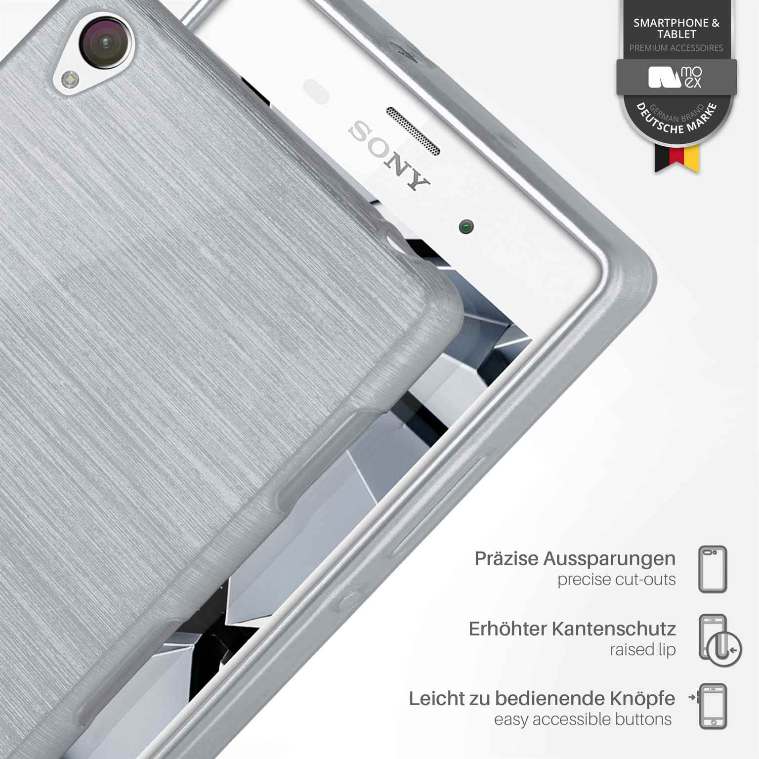 Silberne Handyhülle mit Telefon. Text und Logos sind sichtbar.