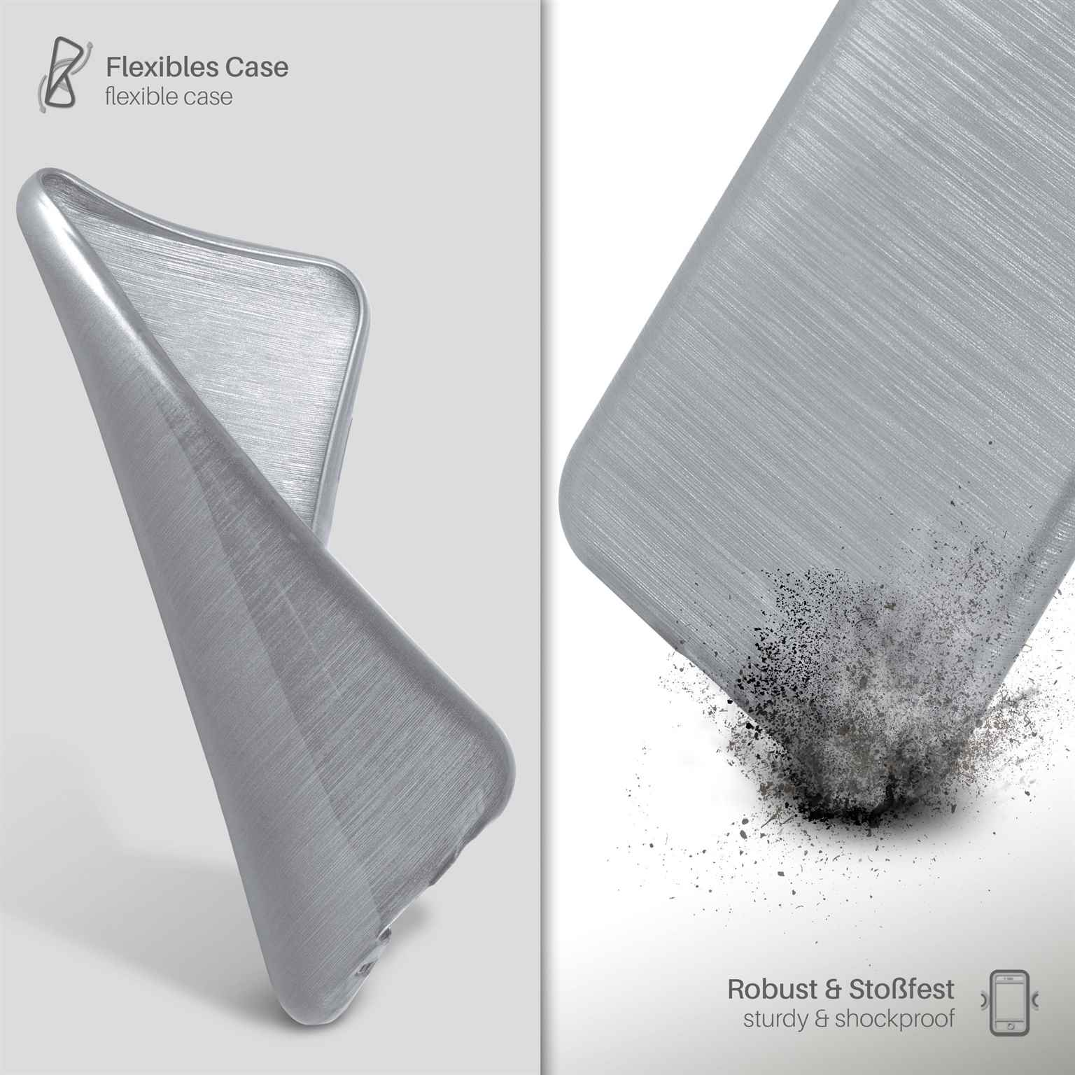 Silberne Handyhülle mit Staubeffekt. Text: robust und stoßfest.