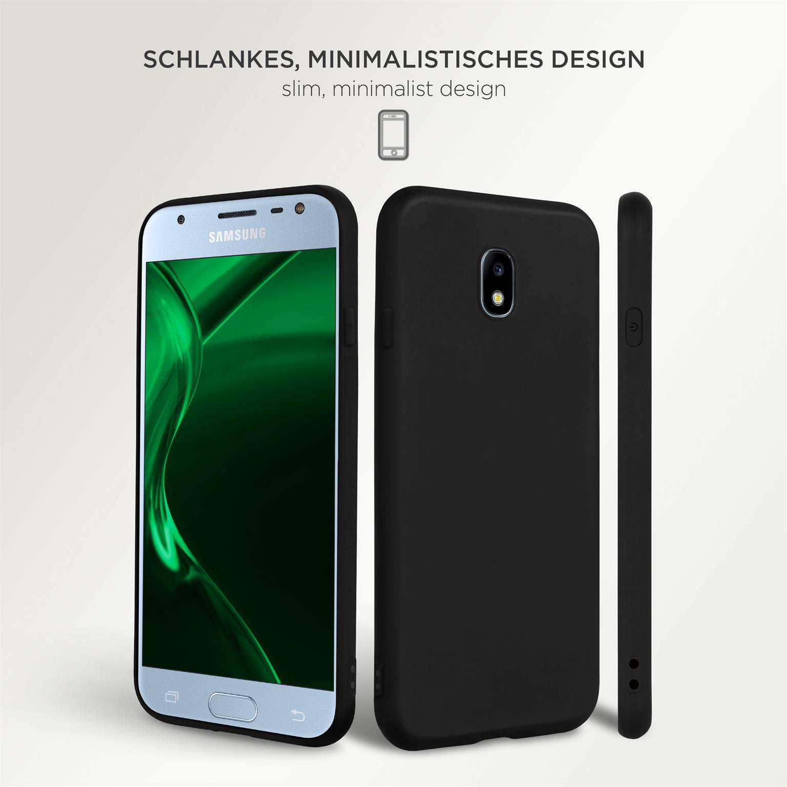 Schwarze Handyhülle auf Handy, drei Ansichten. Text: schlankes, minimalistisches Design.