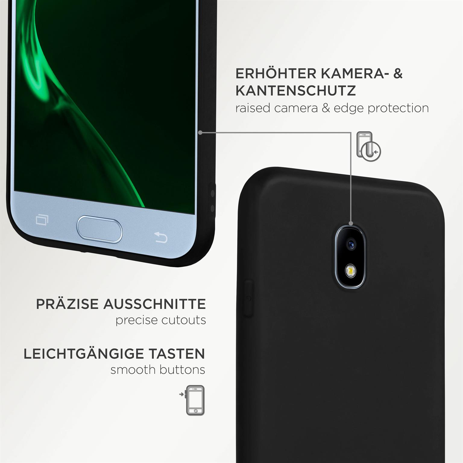 Schwarze Handyhülle mit silberner Zierleiste. Text über Kamera- und Kantenschutz. Präzise Ausschnitte.