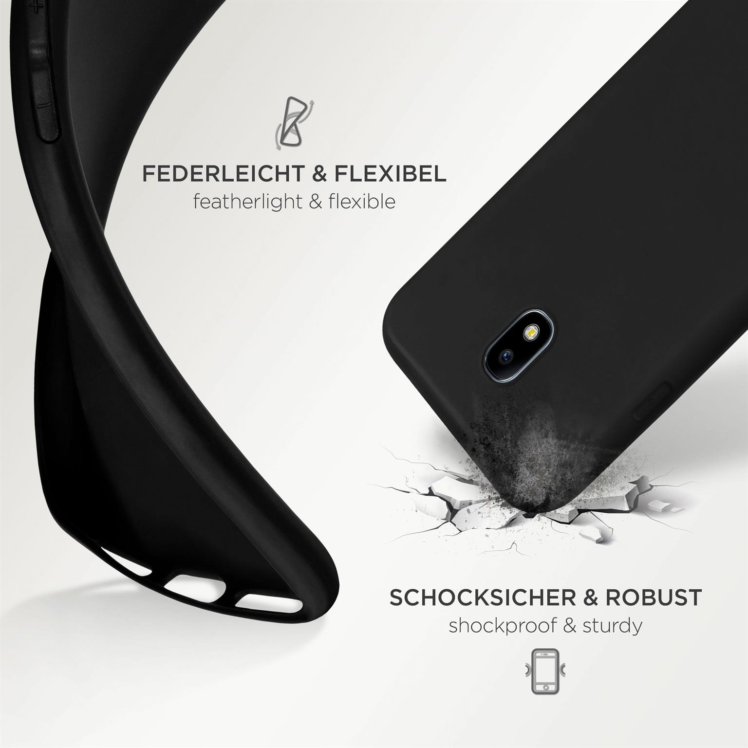 Eine schwarze Handyhülle mit zerbrochener Oberfläche. Text sagt stoßfest und robust.
