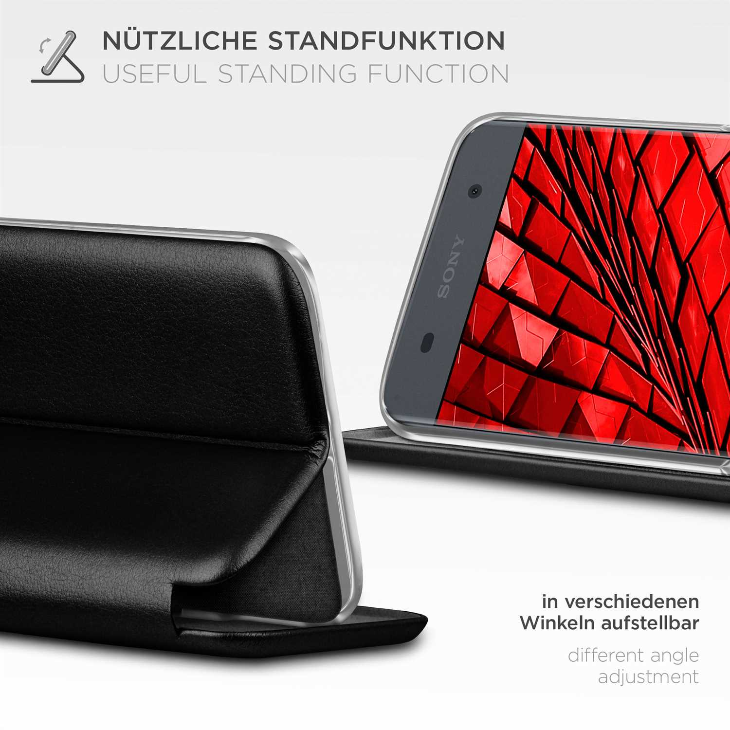 Telefon in Hülle, aufgestellt. Roter Hintergrund sichtbar. Text: Nützliche Standfunktion.