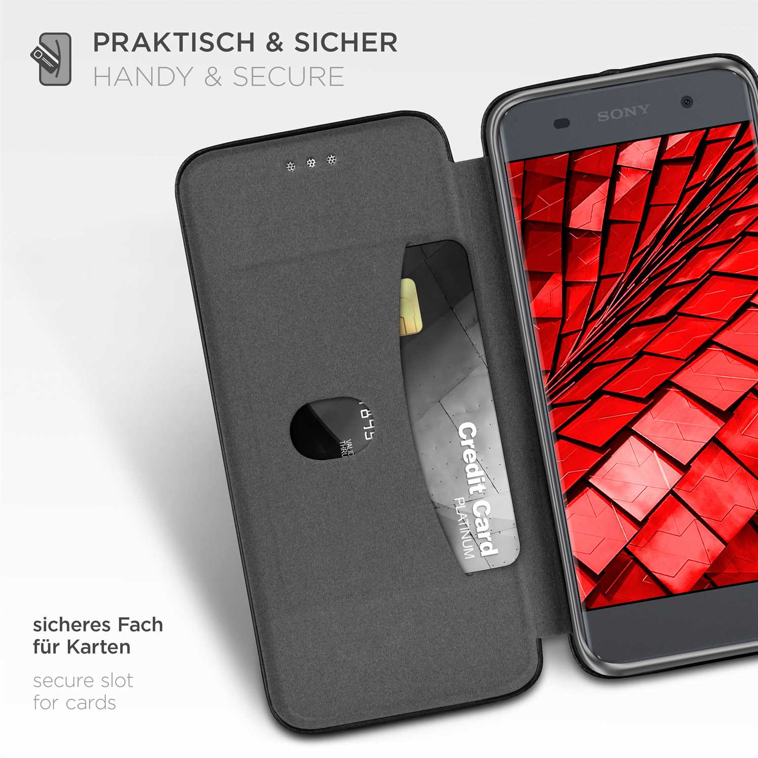 Eine Handyhülle mit einer Kreditkarte im Steckplatz. Das Telefon zeigt ein rotes geometrisches Design.