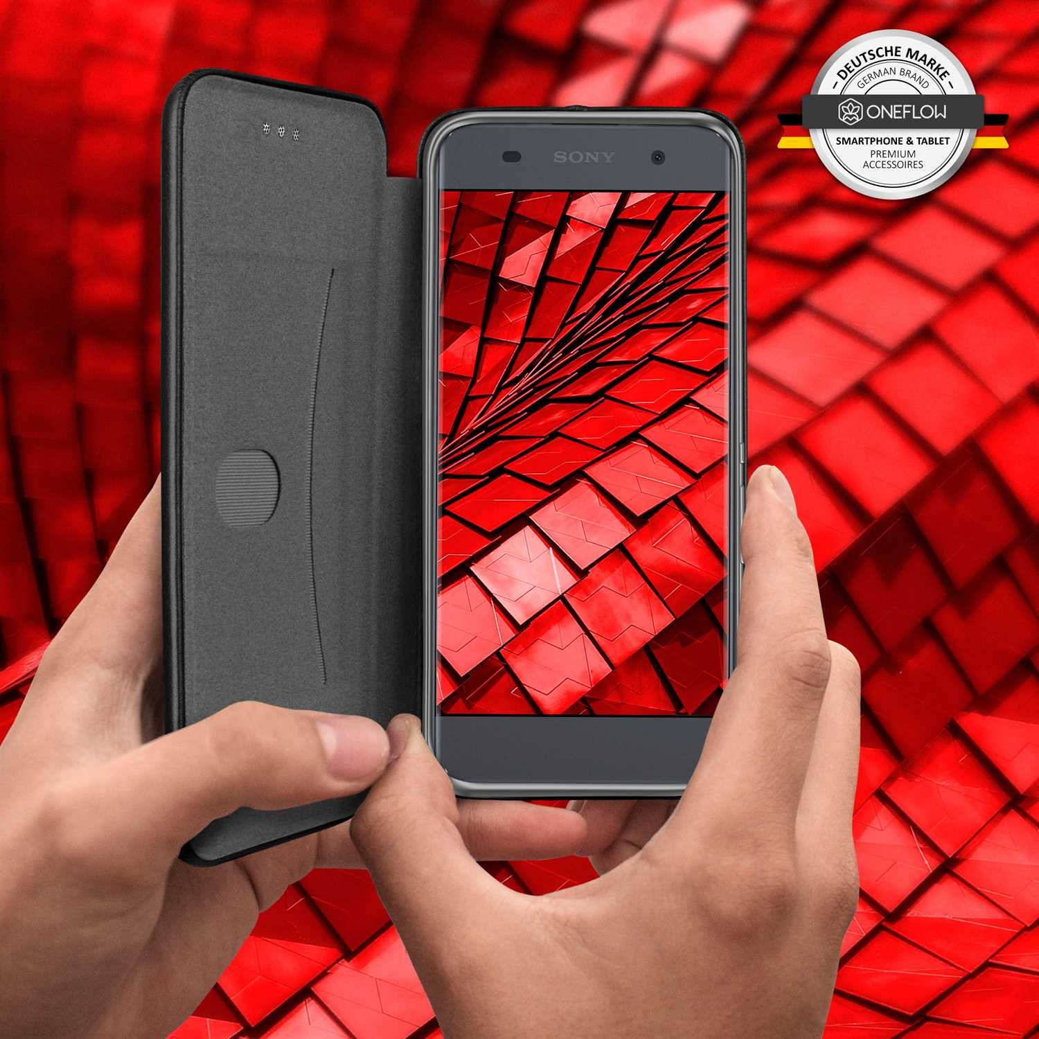 Ein Telefon wird in Händen gehalten und zeigt ein rotes Muster auf dem Bildschirm. Ein Logo ist oben.