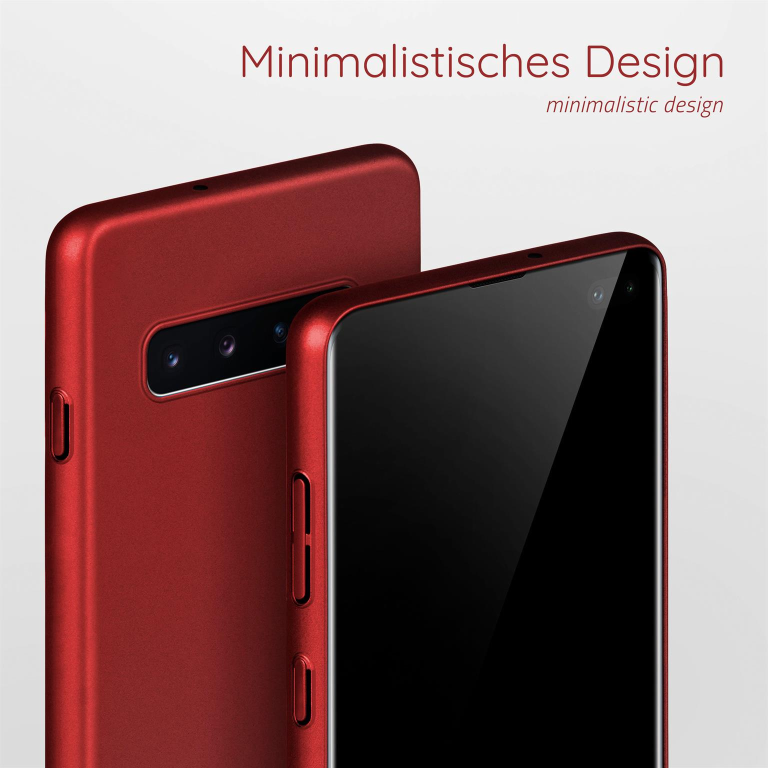 Zwei rote Handyhüllen, eine mit einem Telefon darin. Das Design ist minimalistisch.