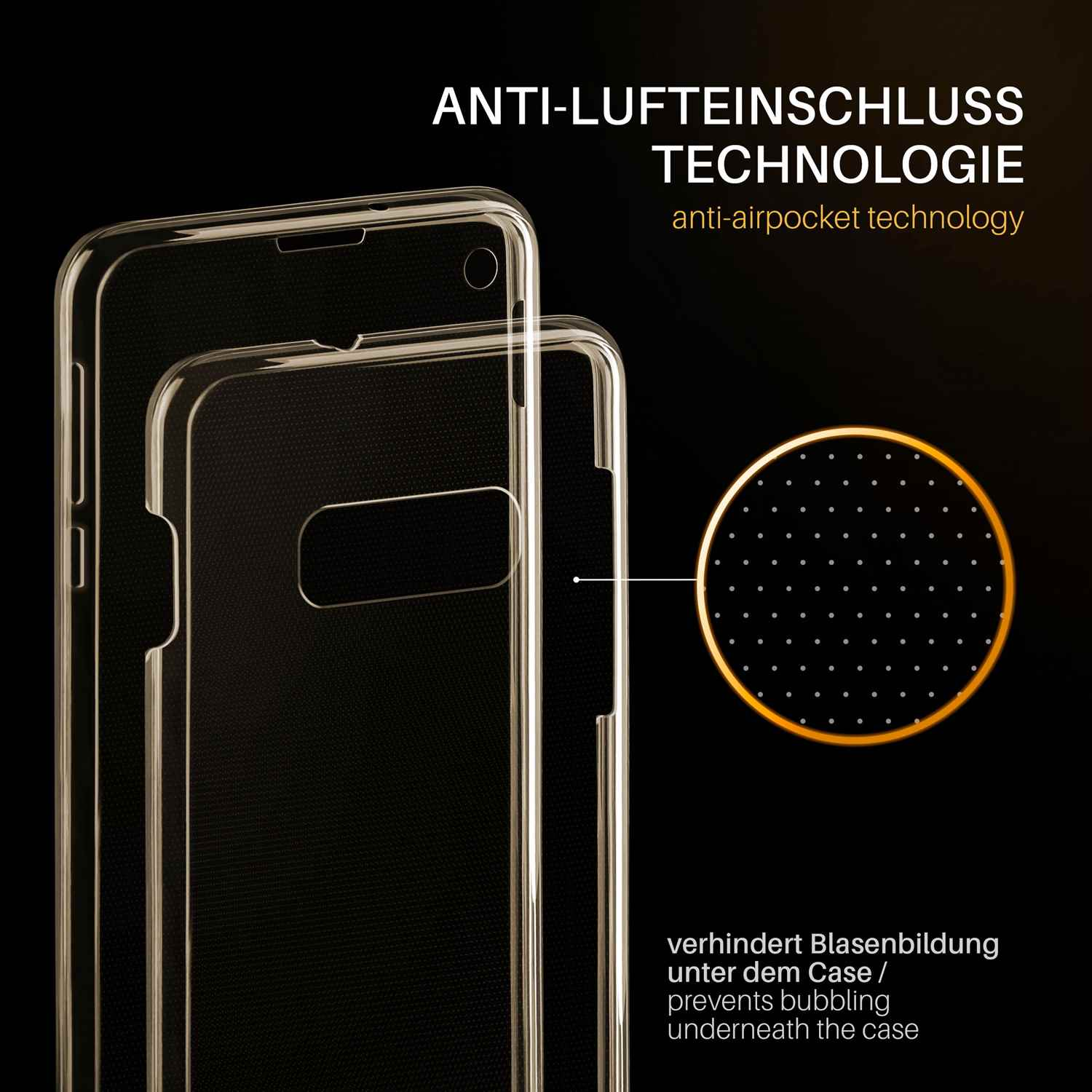 Zwei transparente Handyhüllen. Eine befindet sich leicht in der anderen. Kreis mit Punkten rechts.