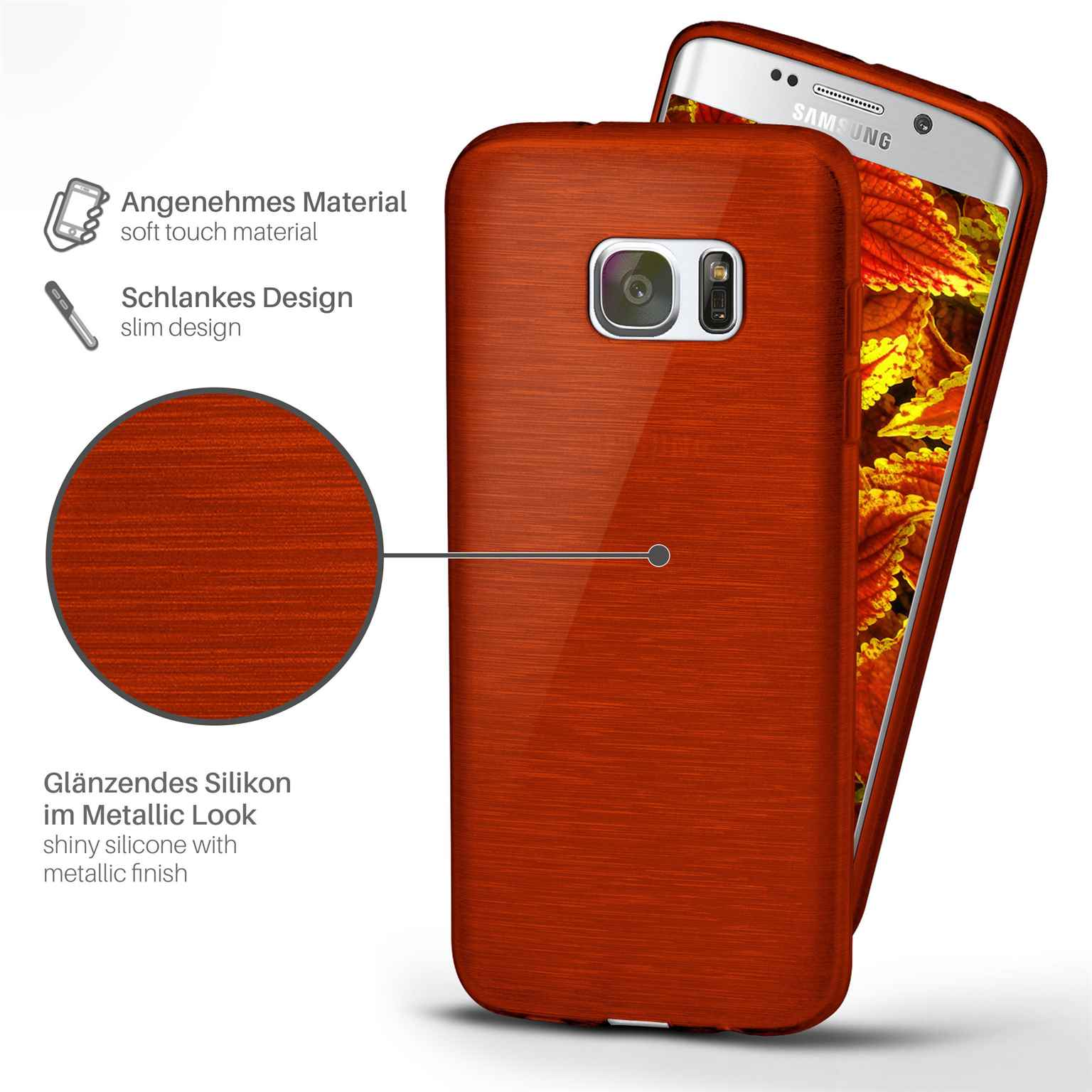 Orangefarbene Handyhülle mit Telefon. Text und Details auf der Hülle. Glänzendes Silikon mit Metallic-Finish.