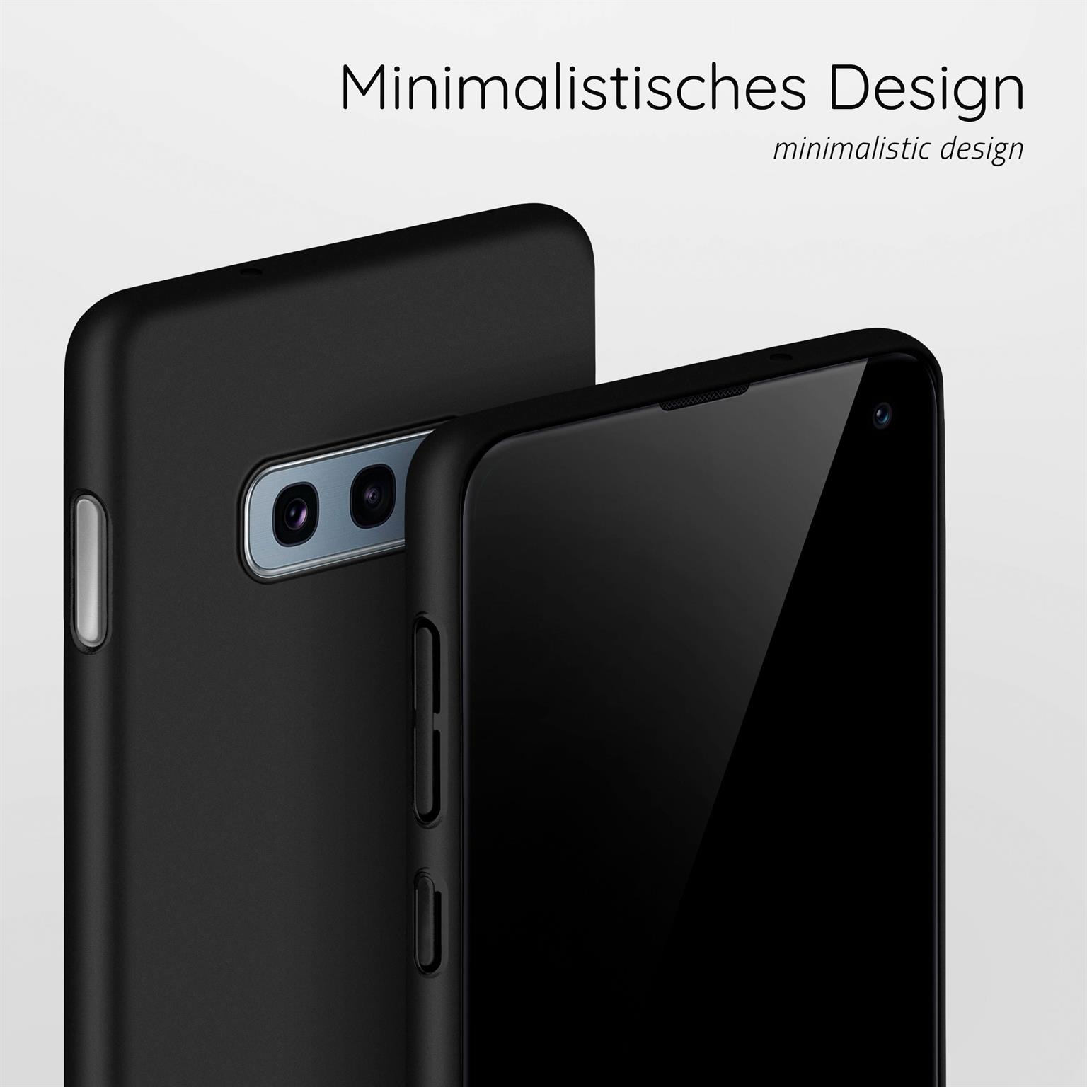 Zwei schwarze Handyhüllen mit minimalistischem Design, Nahaufnahme.