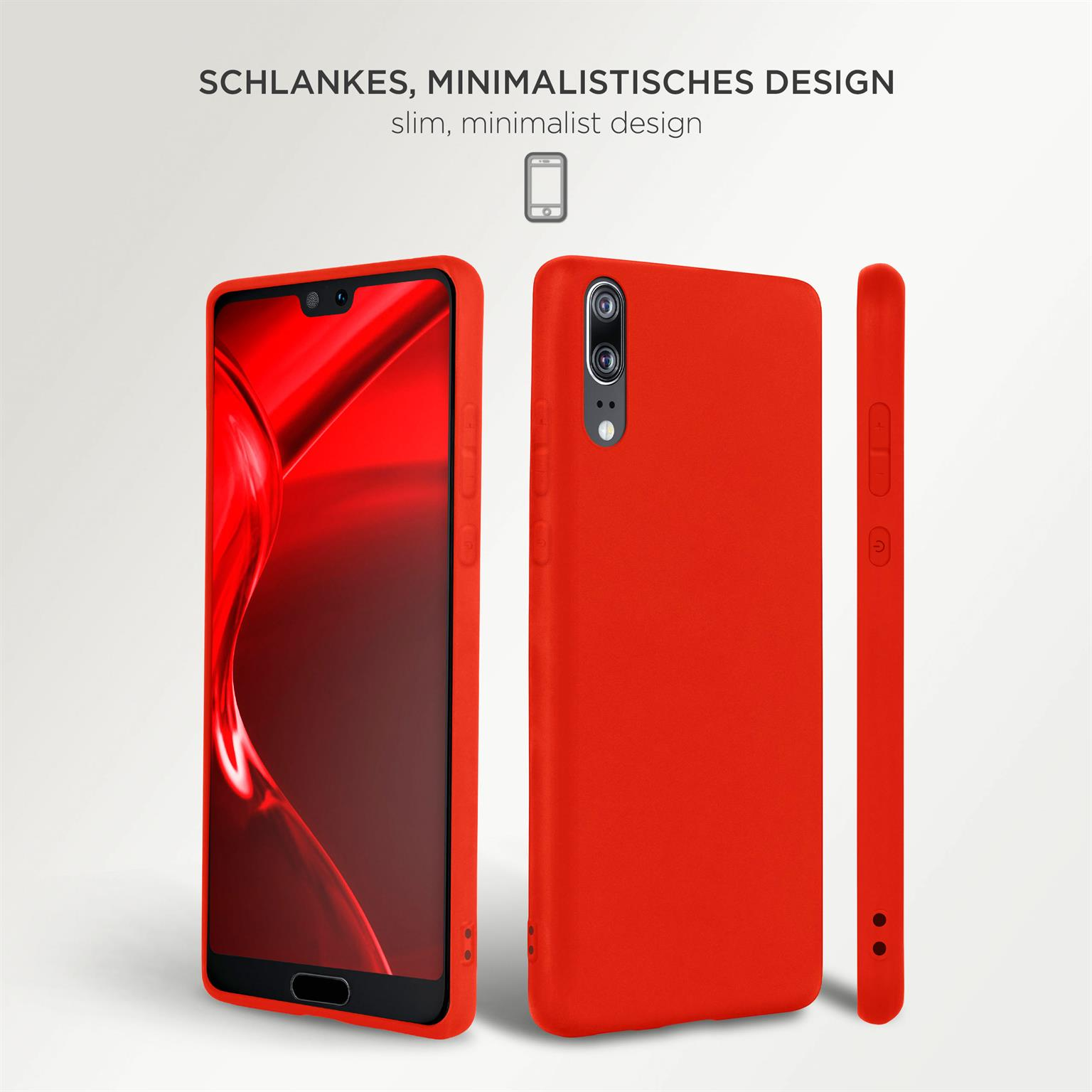 Rote Handyhülle mit drei Ansichten. Zeigt ein schlankes Design. Eine Ansicht zeigt die Rückseite, die andere die Seite.